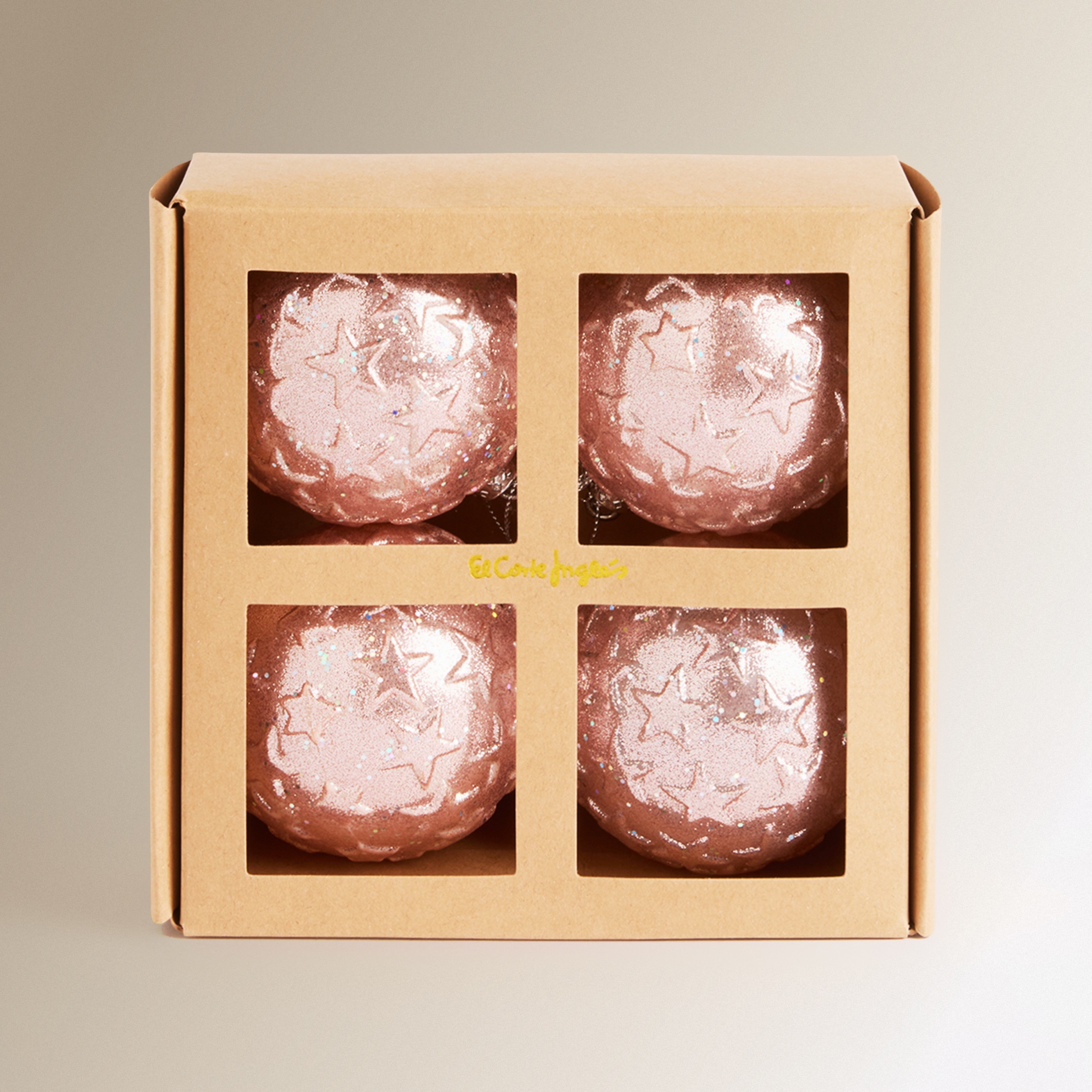 Conjunto de 4 Bolas Estrelas com Relevo Natal Rosa-pastel-3