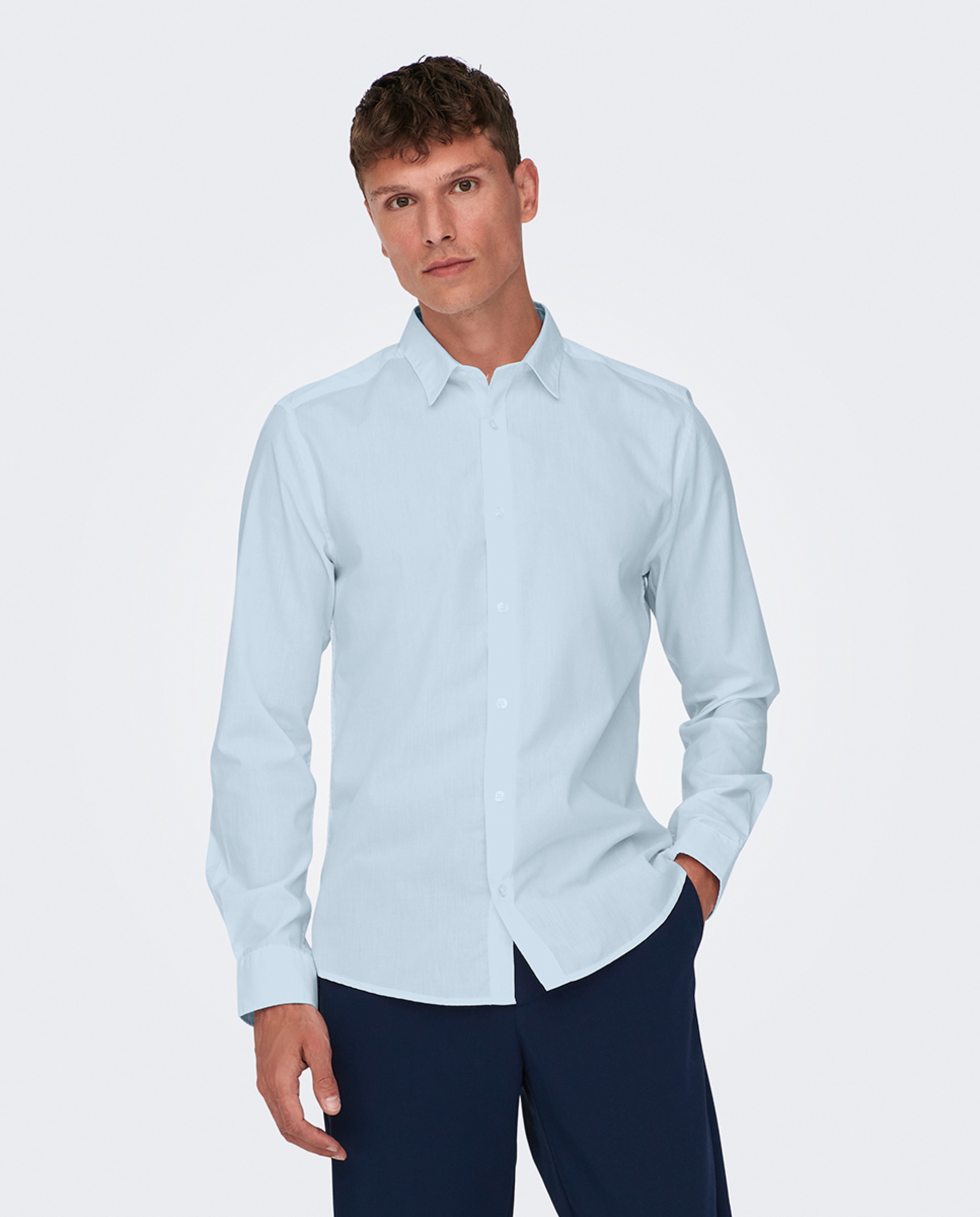 Camisa de Manga Comprida Lisa Azul-1