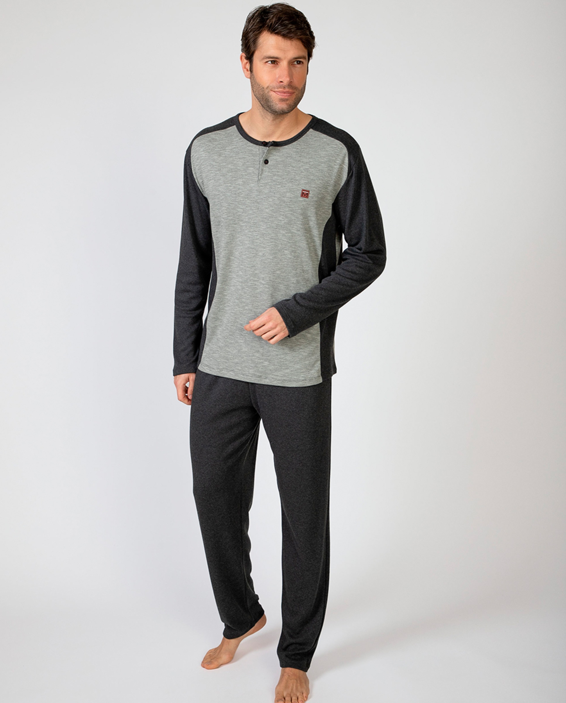 Elegante Pijama Largo De Rizo Para Hombre, Con Puños, También En Tallas Grandes 61505, Negro , 70