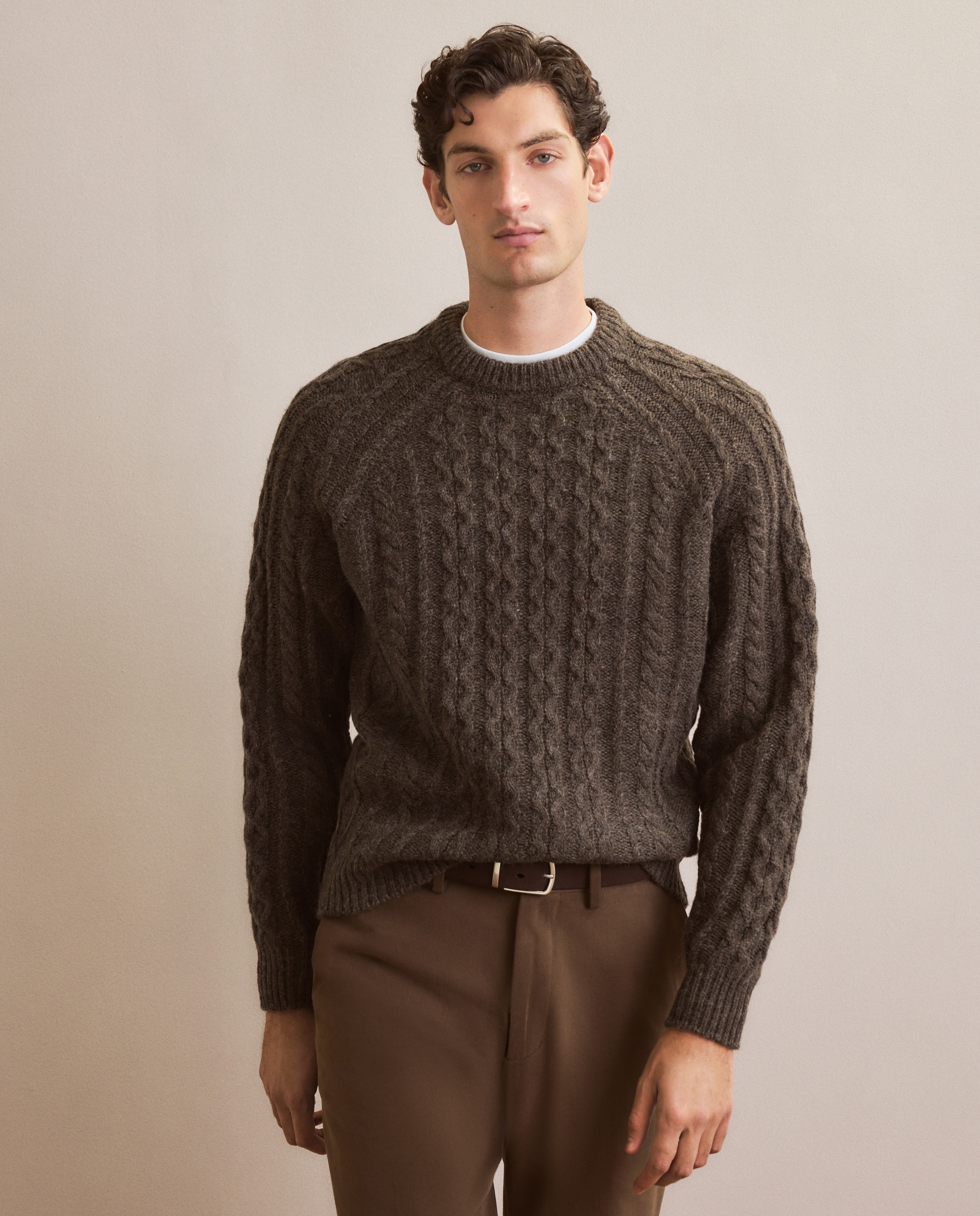 Camisola de Malha com Aran Shetland e Gola Redonda Castanho-2