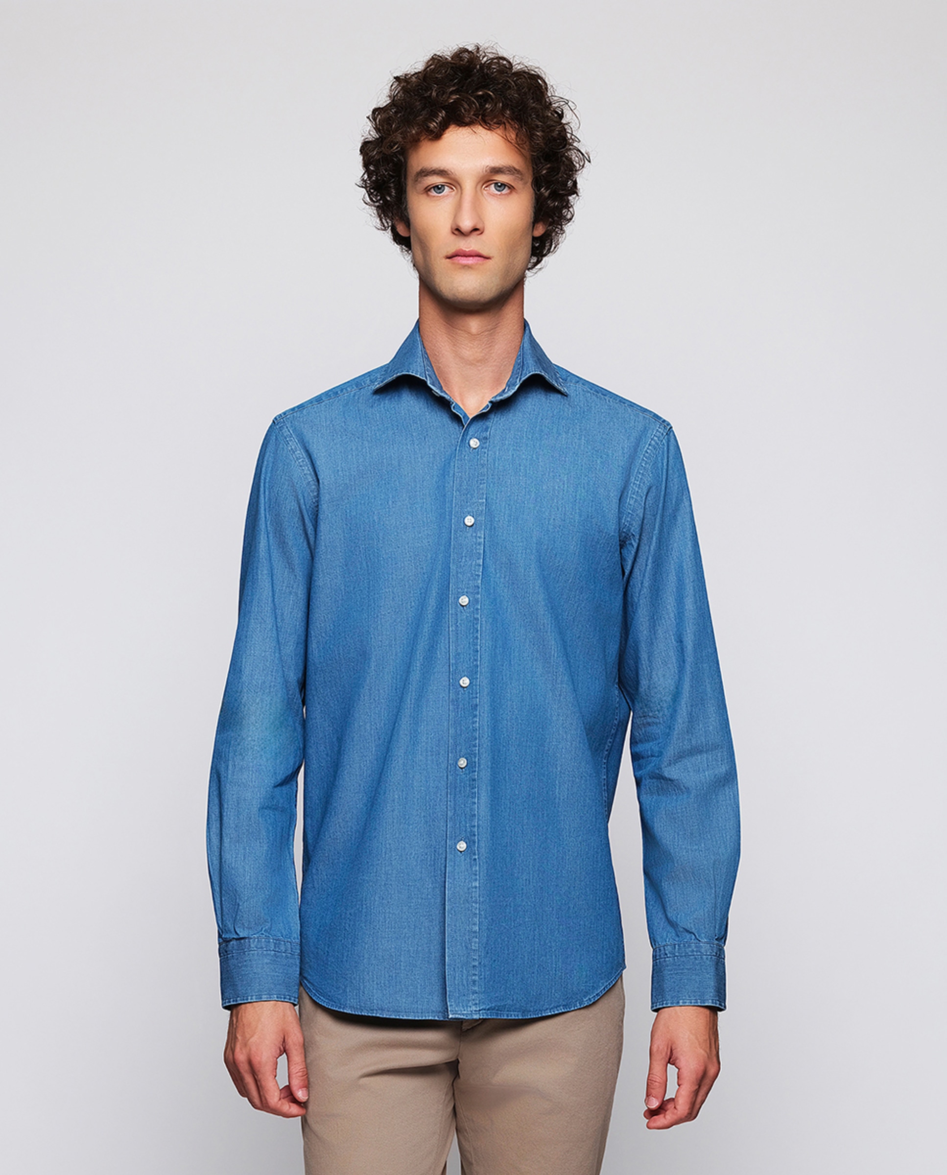 Camisa Casual de Manga Comprida e em Ganga Azul-1