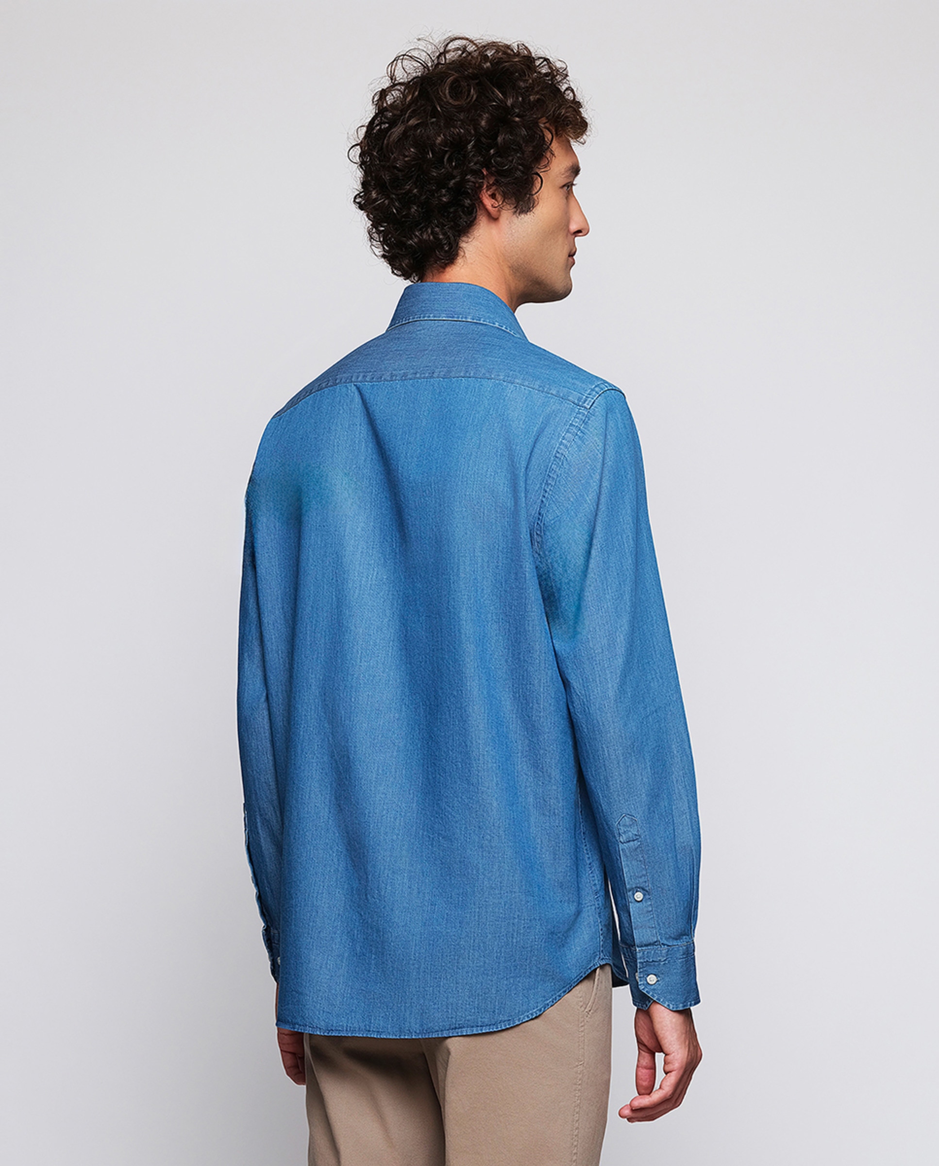 Camisa Casual de Manga Comprida e em Ganga Azul-2