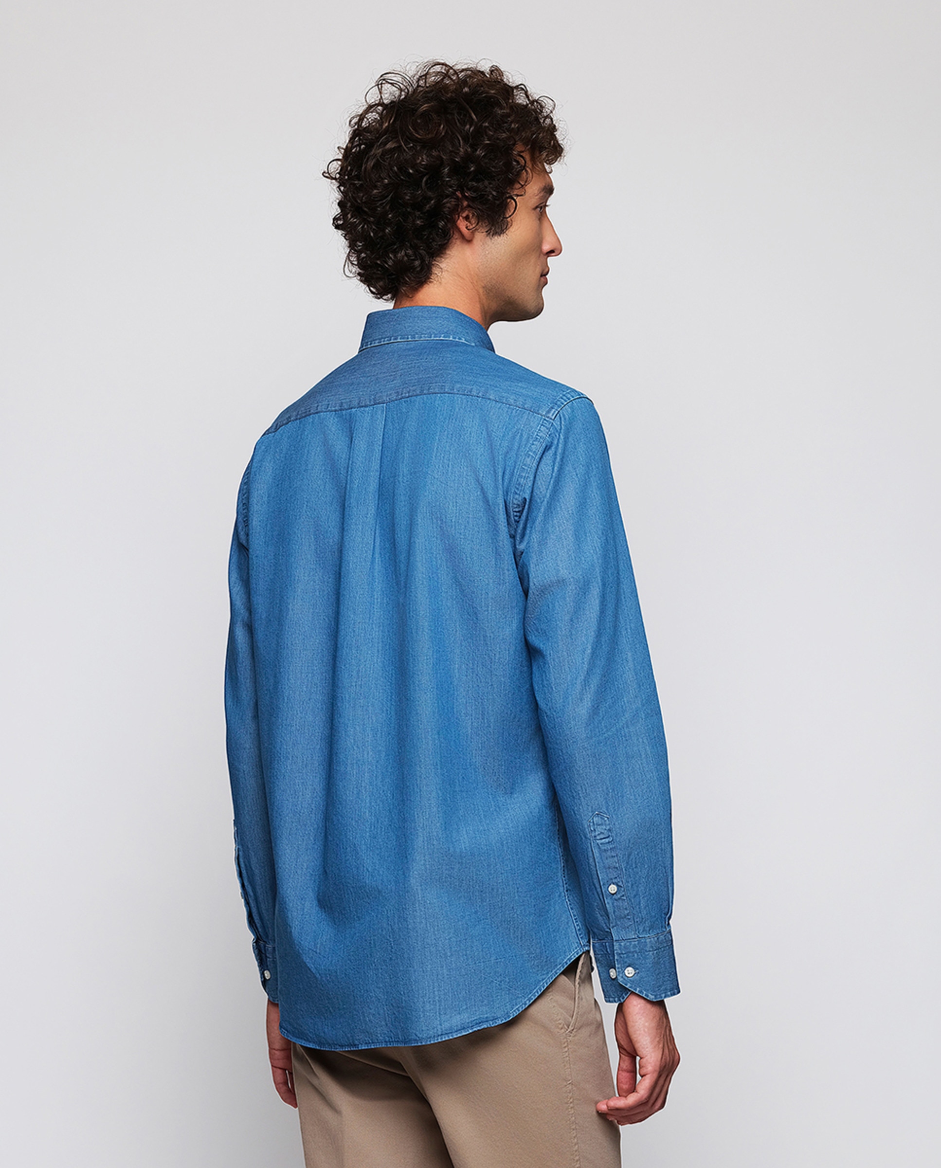 Camisa Casual de Manga Comprida e em Ganga Azul-2