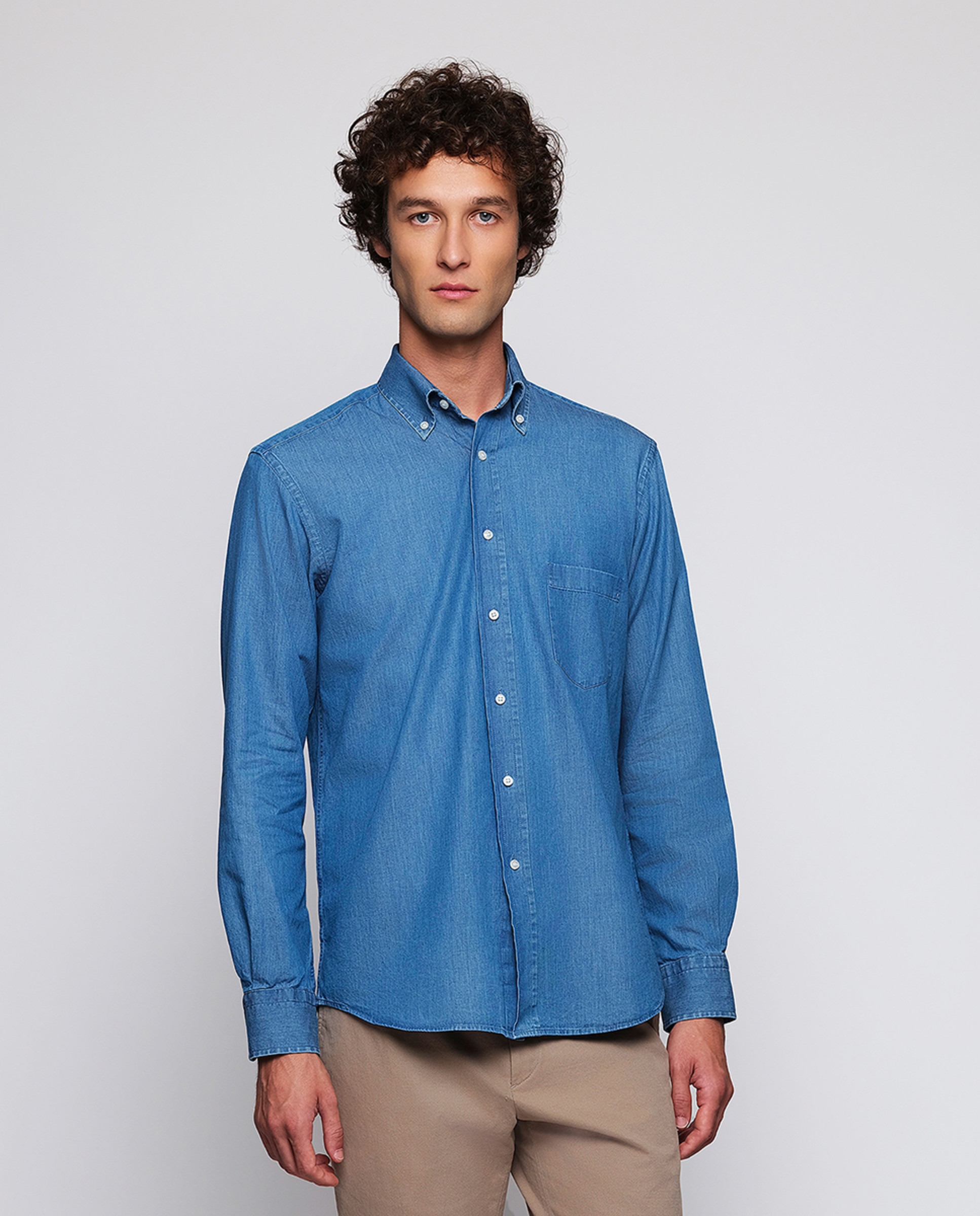 Camisa Casual de Manga Comprida e em Ganga Azul-1
