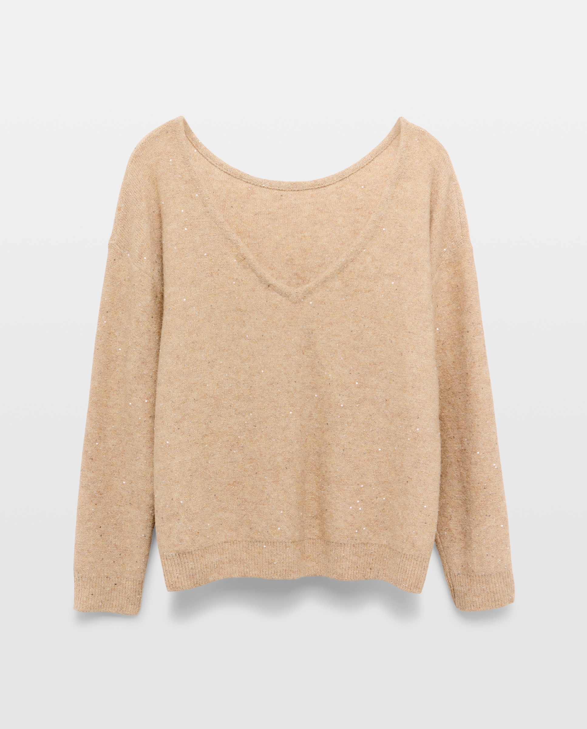 Camisola de Malha com Lantejoulas e Decote em Bico nas Costas Bege-5