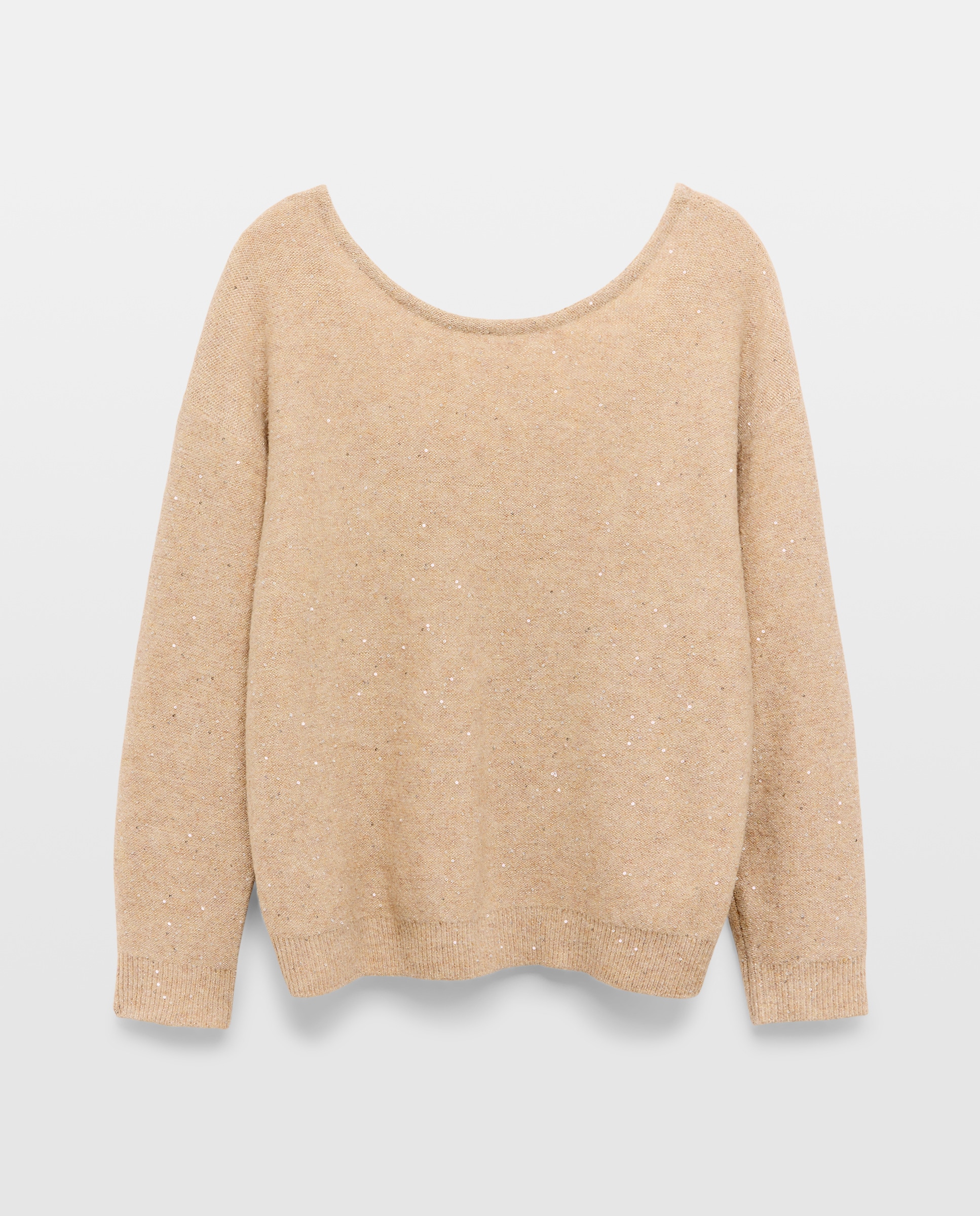 Camisola de Malha com Lantejoulas e Decote em Bico nas Costas Bege-4