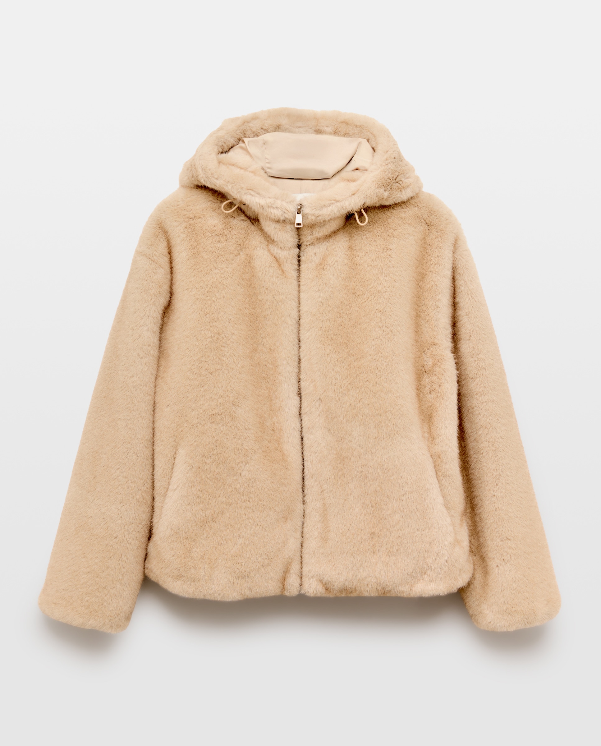 Casaco com Efeito de Pele e com Capuz Vison Claro-5