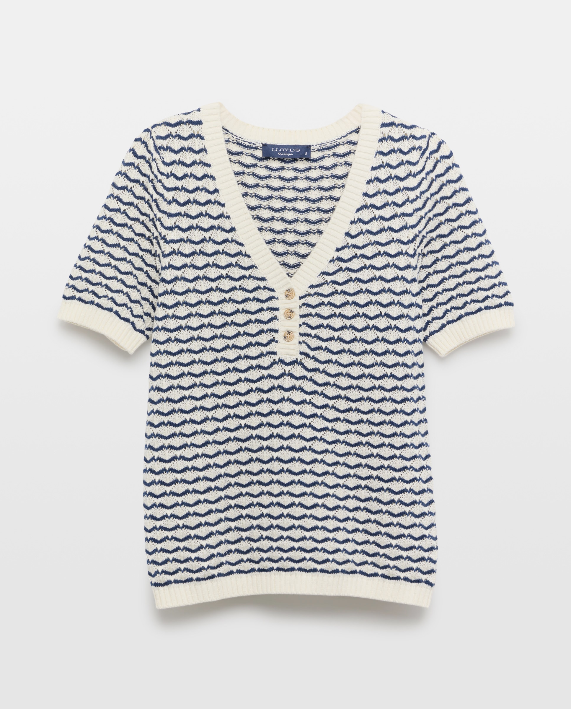 Camisola de Malha às Riscas com Manga Curta Azul-marinho-5