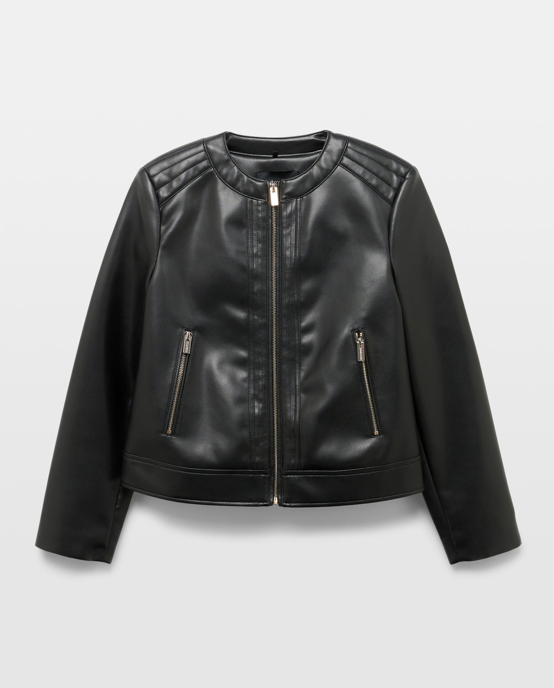 Blusão Biker com Decote Redondo e Efeito de Pele Preto-1