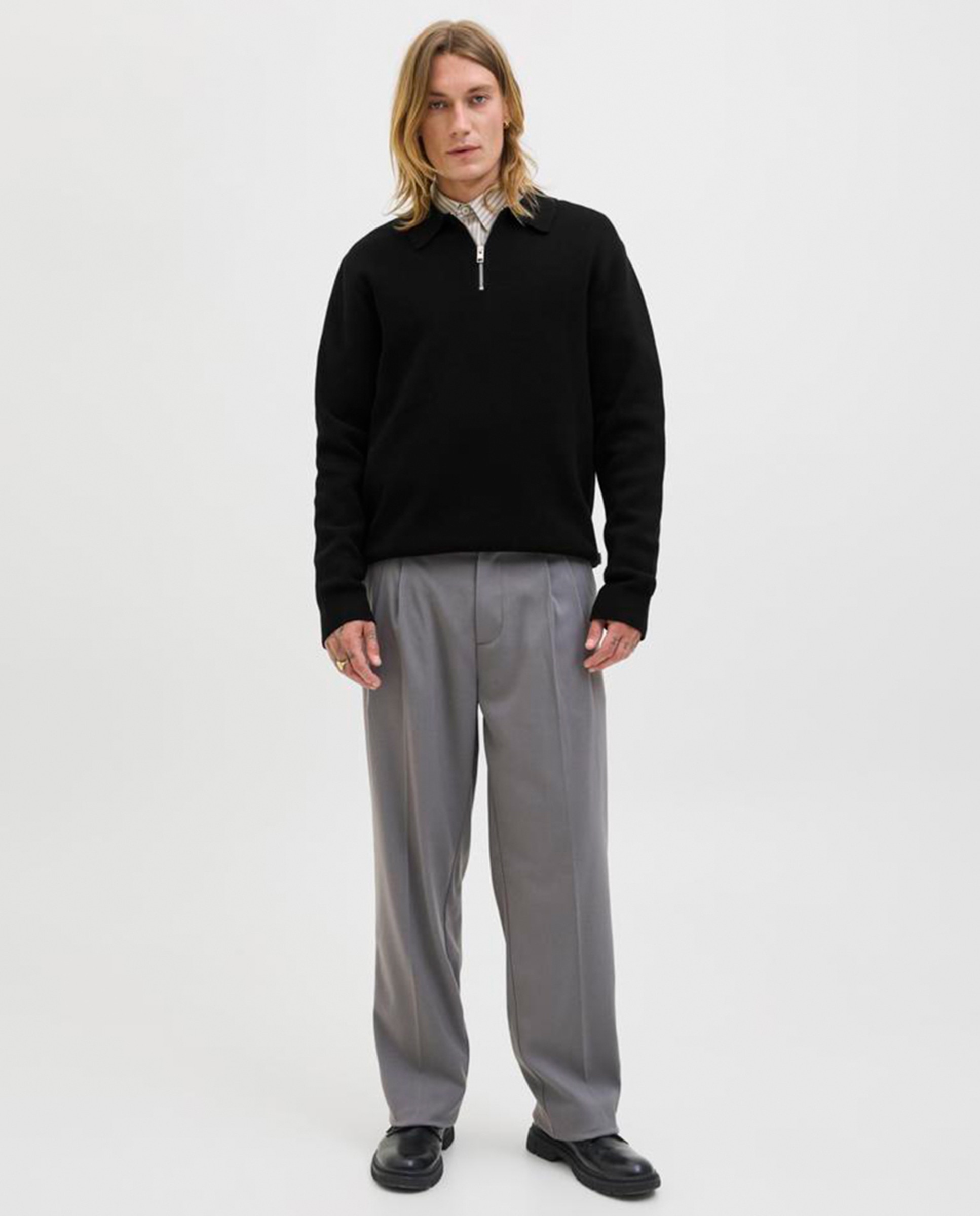 Camisola de Malha com Colarinho de Polo e Fecho de Correr Preto-7