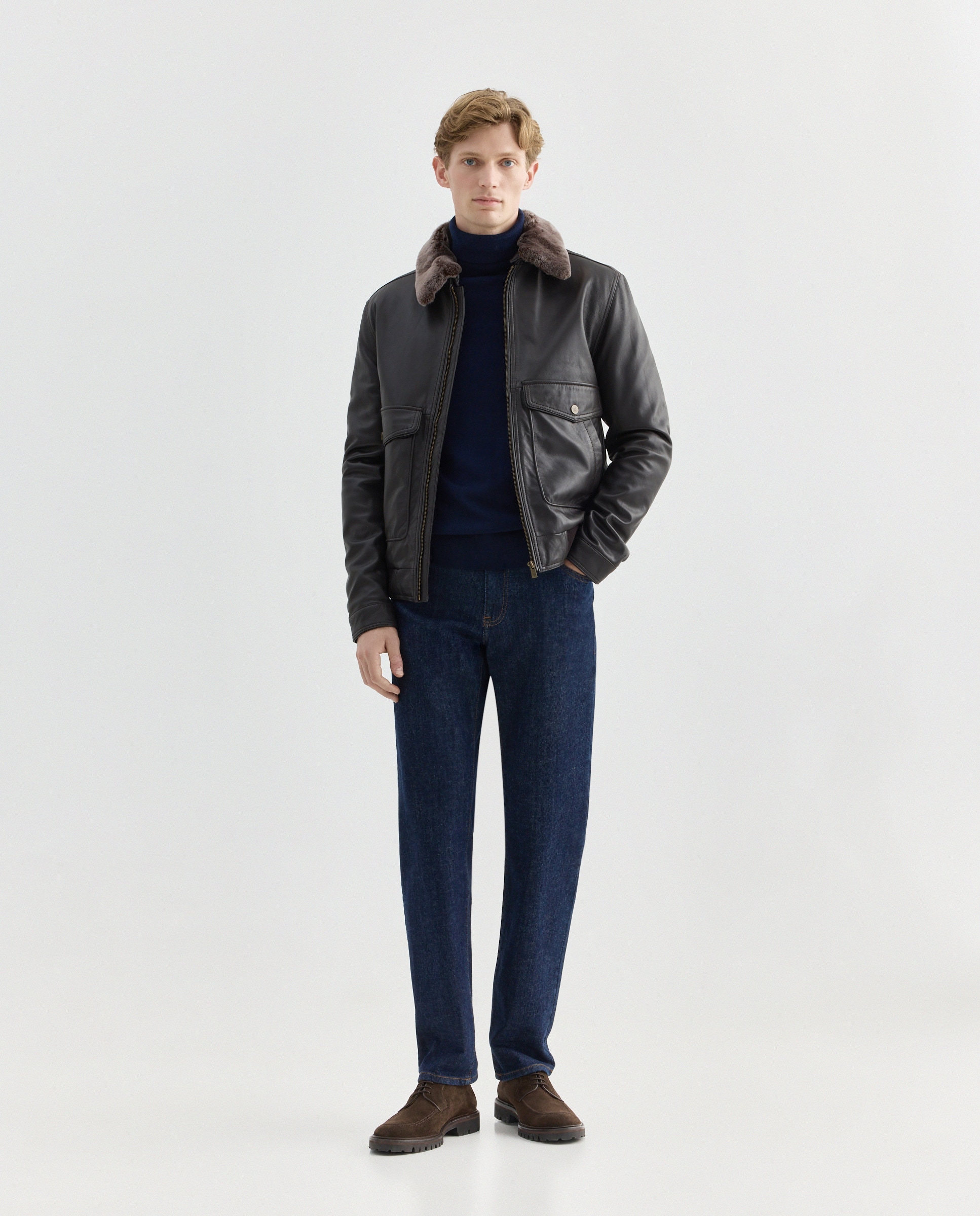 Blusão Piloto em Pele Castanho-claro-2