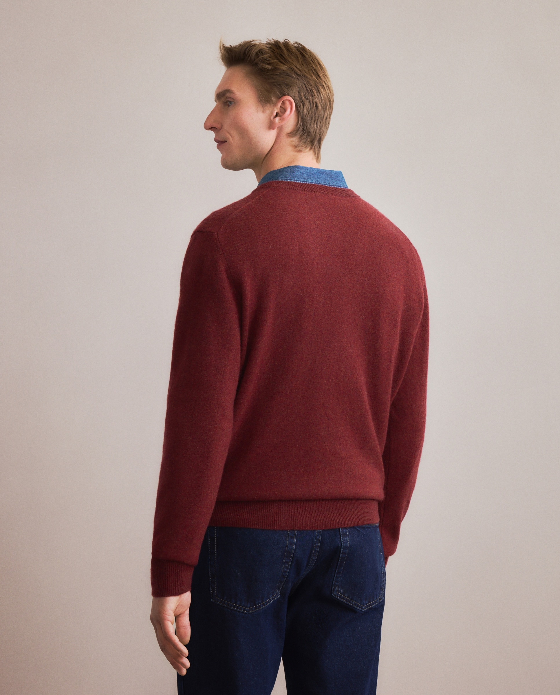 Camisola de Malha com Decote em Bico Liso de Caxemira Telha-4