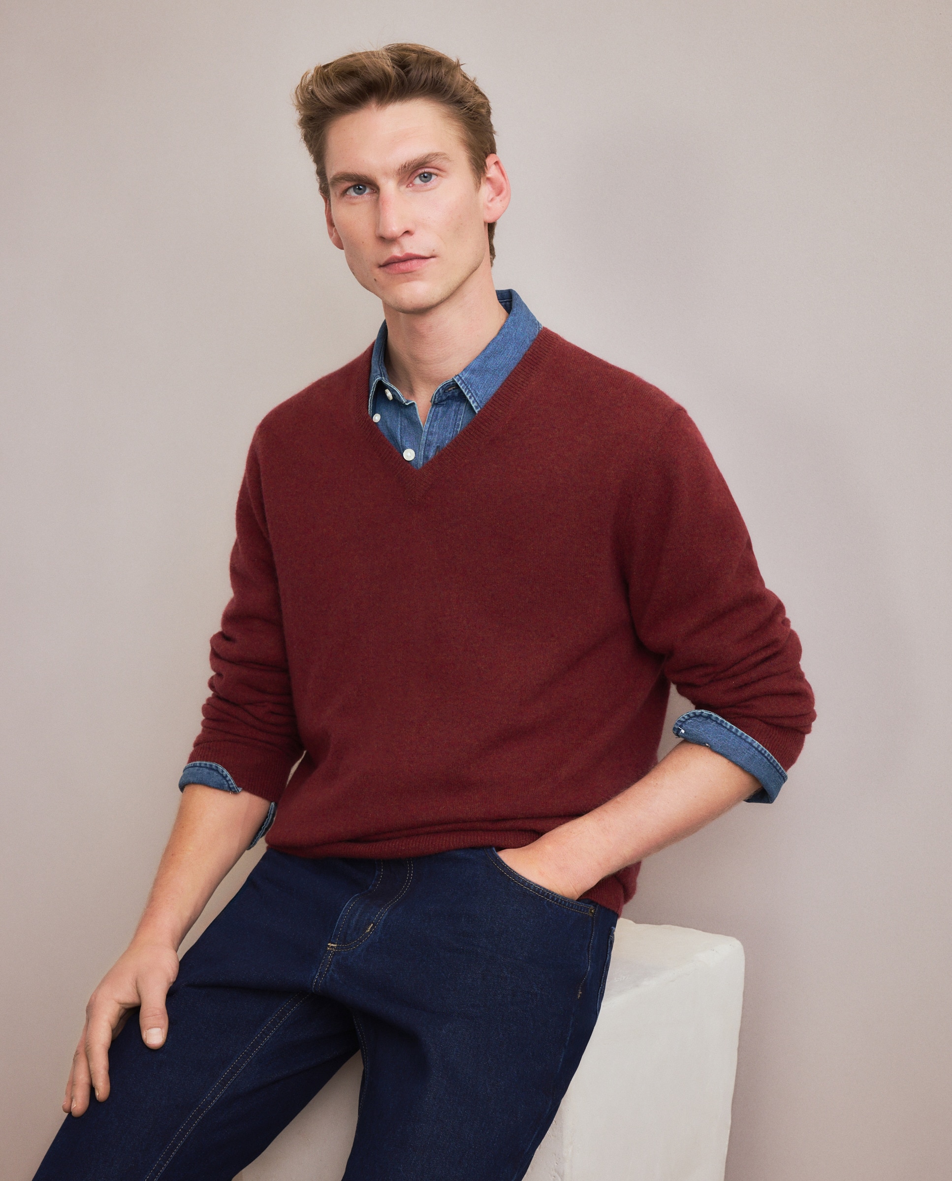 Camisola de Malha com Decote em Bico Liso de Caxemira Telha-1