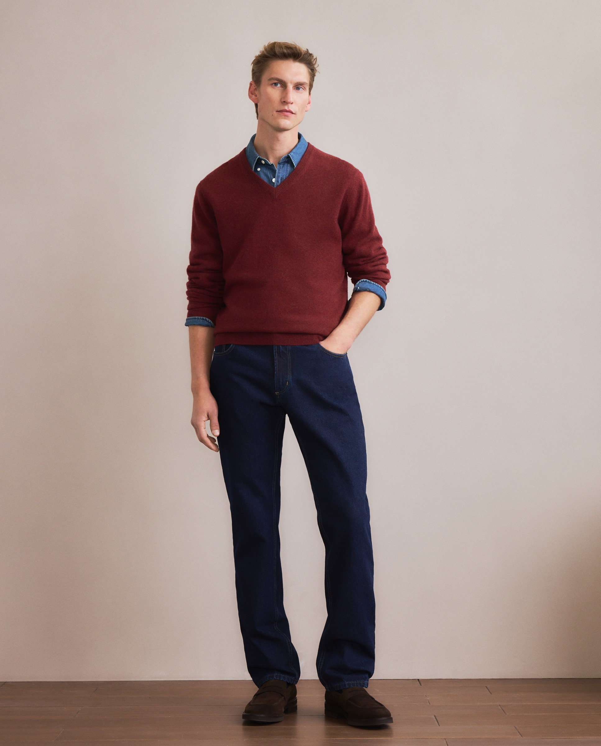 Camisola de Malha com Decote em Bico Liso de Caxemira Telha-2