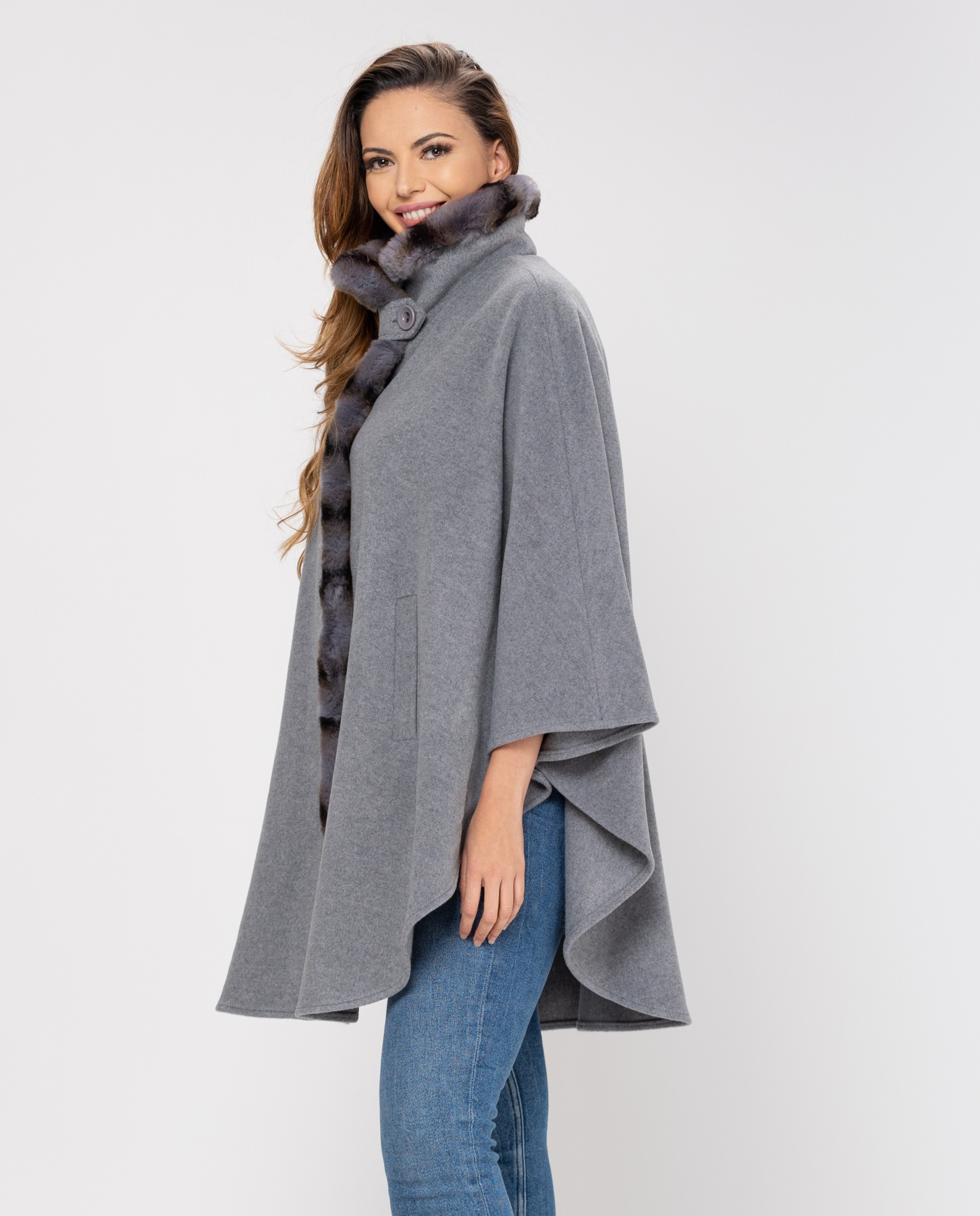 Capa em pele cru com gola de tira Cinzento-4