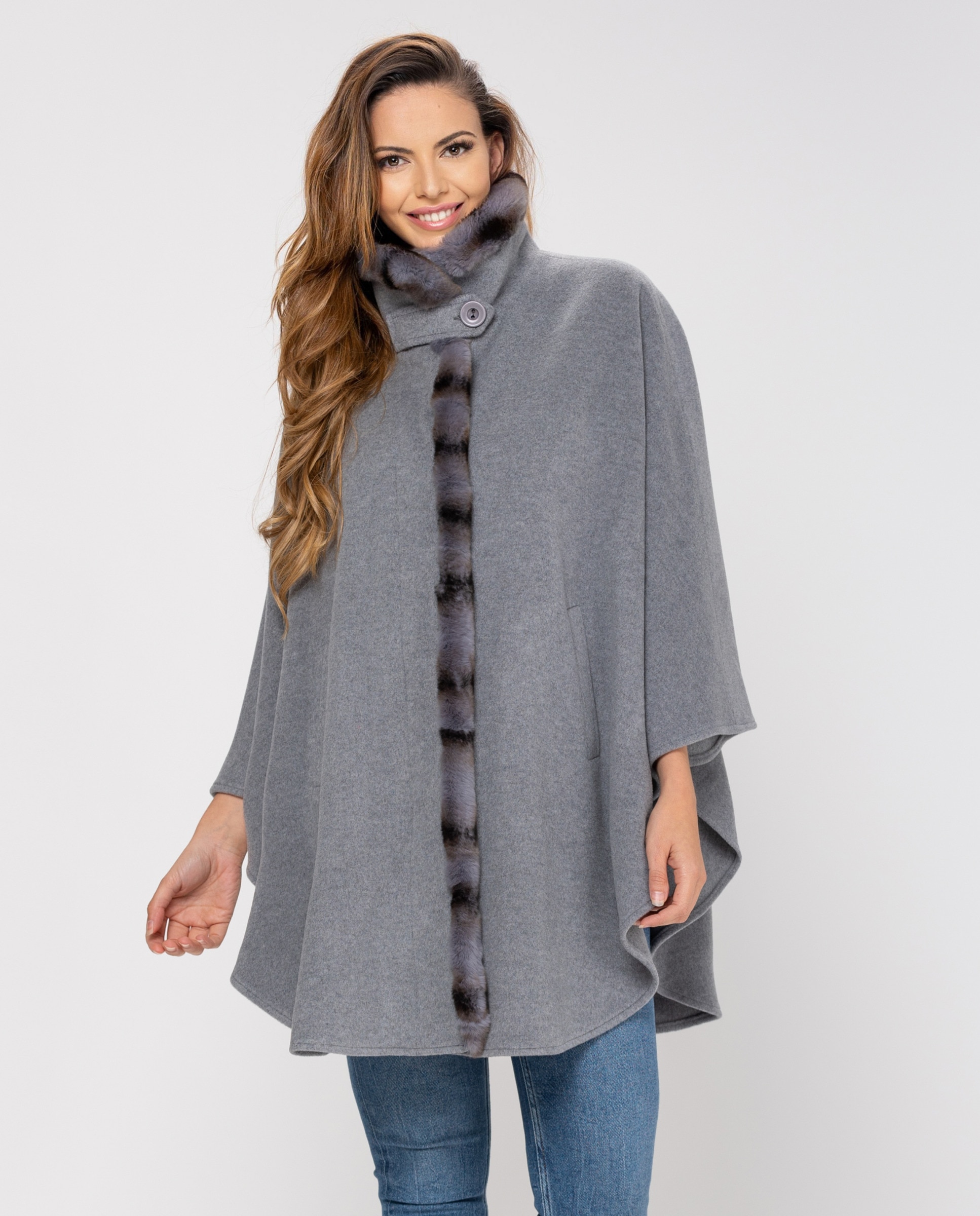 Capa em pele cru com gola de tira Cinzento-2