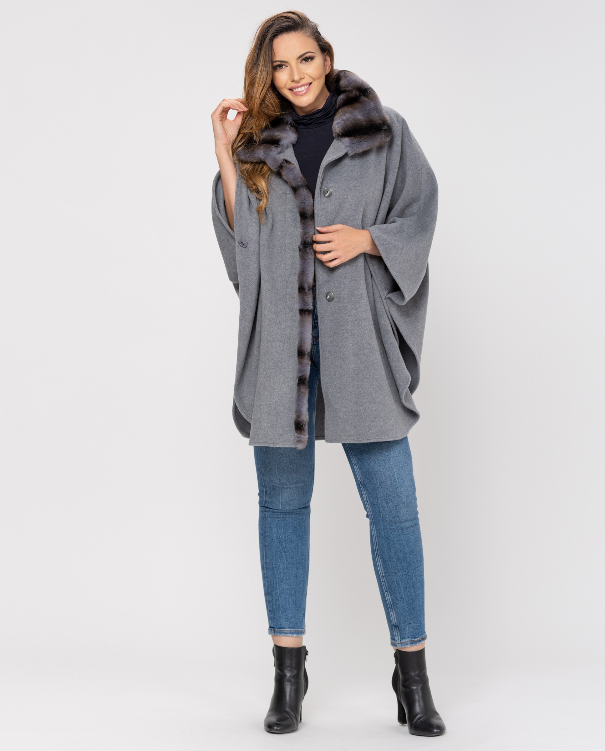 Capa em pele cru com gola de tira Cinzento-1