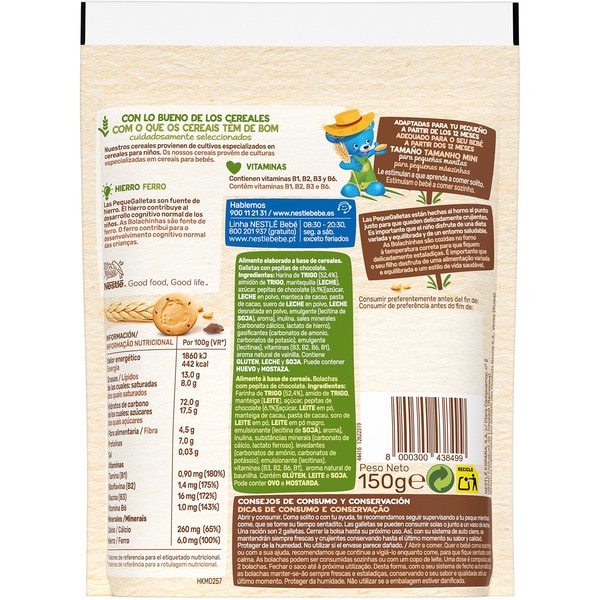 PequeGalletas galletas infantiles con pepitas de chocolate desde 12 meses Behälter 150 g mit Eisen und Vitaminen