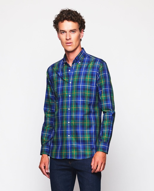 Imagem 0 de Camisa Casual de Manga Comprida aos Quadrados Tartã Tamanhos Grandes