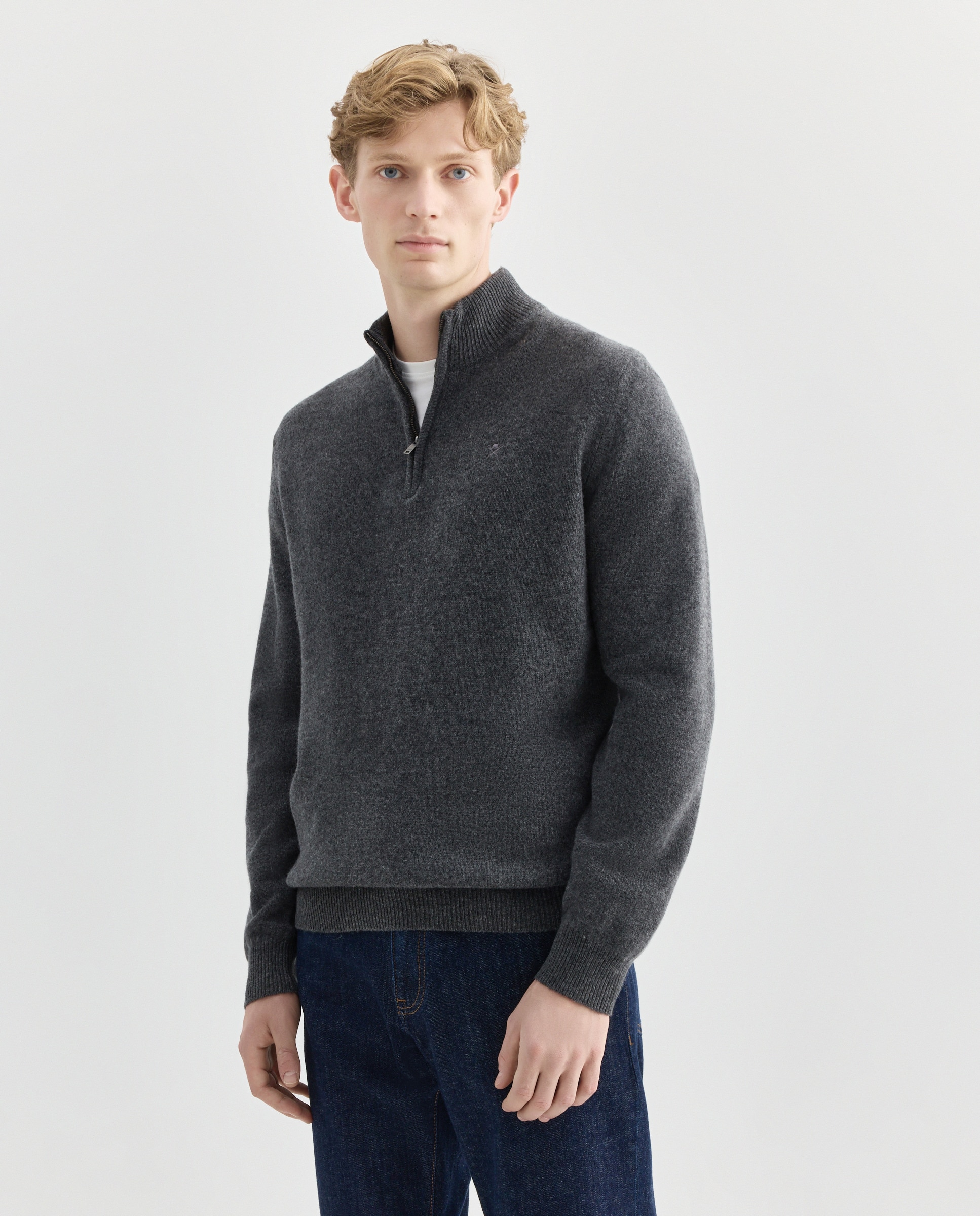 Camisola de Malha Lisa com Meio Fecho de Correr e Logótipo Bordado Cinzento-escuro-1