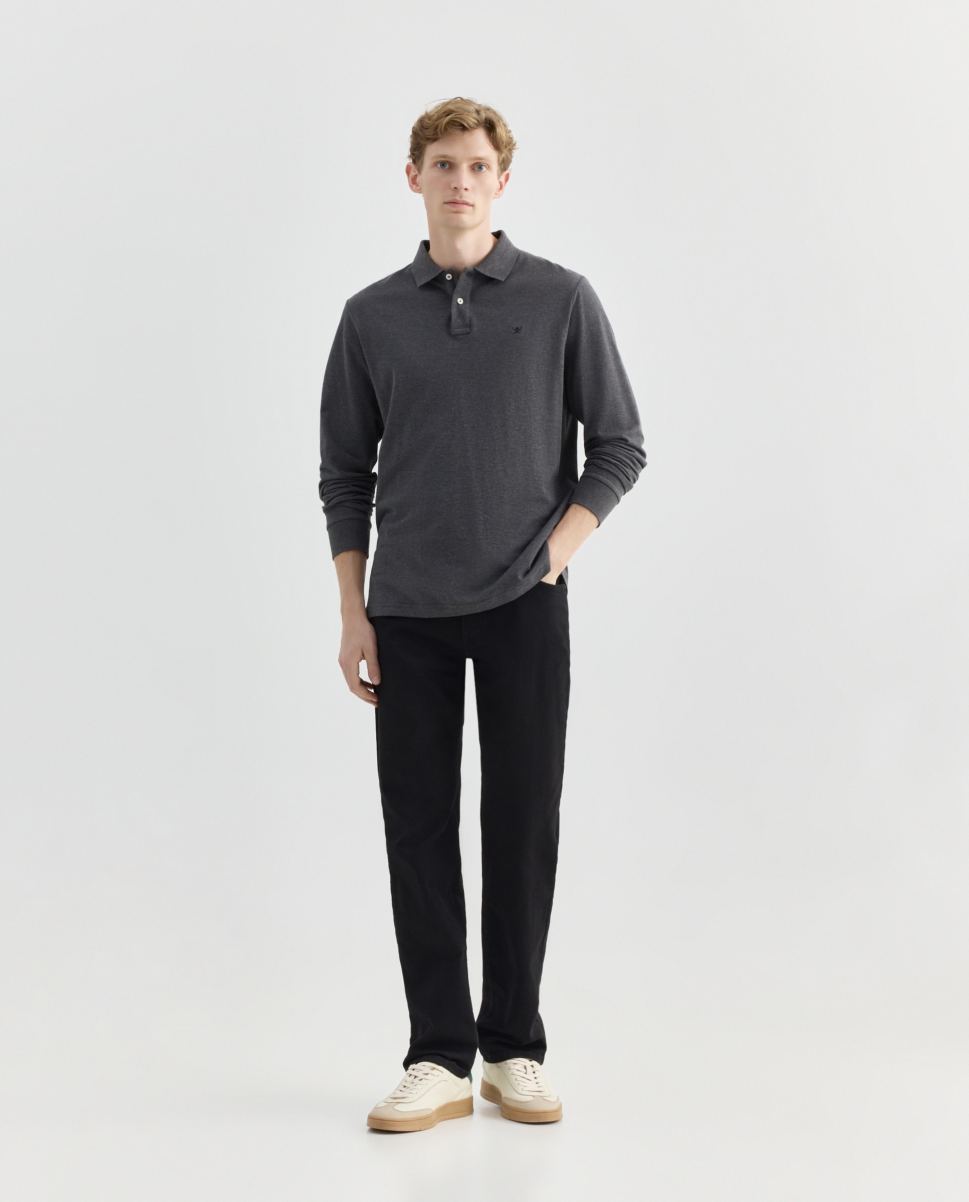 Polo de Manga Comprida Classic Fit com Logótipo Bordado. Cinzento-2