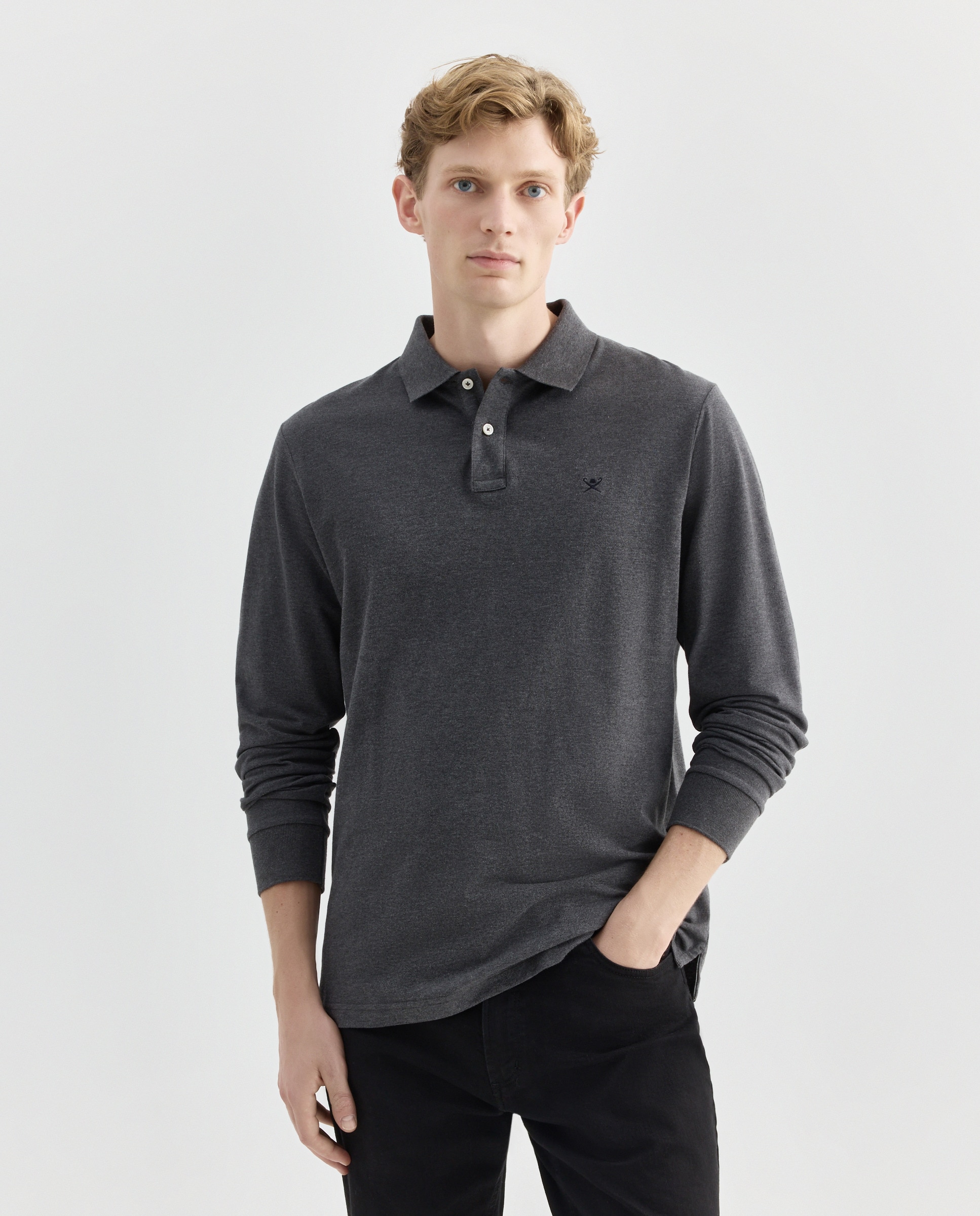 Polo de Manga Comprida Classic Fit com Logótipo Bordado. Cinzento-1