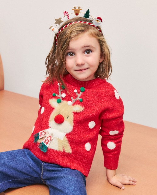 Imagem 0 de Camisola de Malha de Natal com Decote Redondo e Rena com Pompons