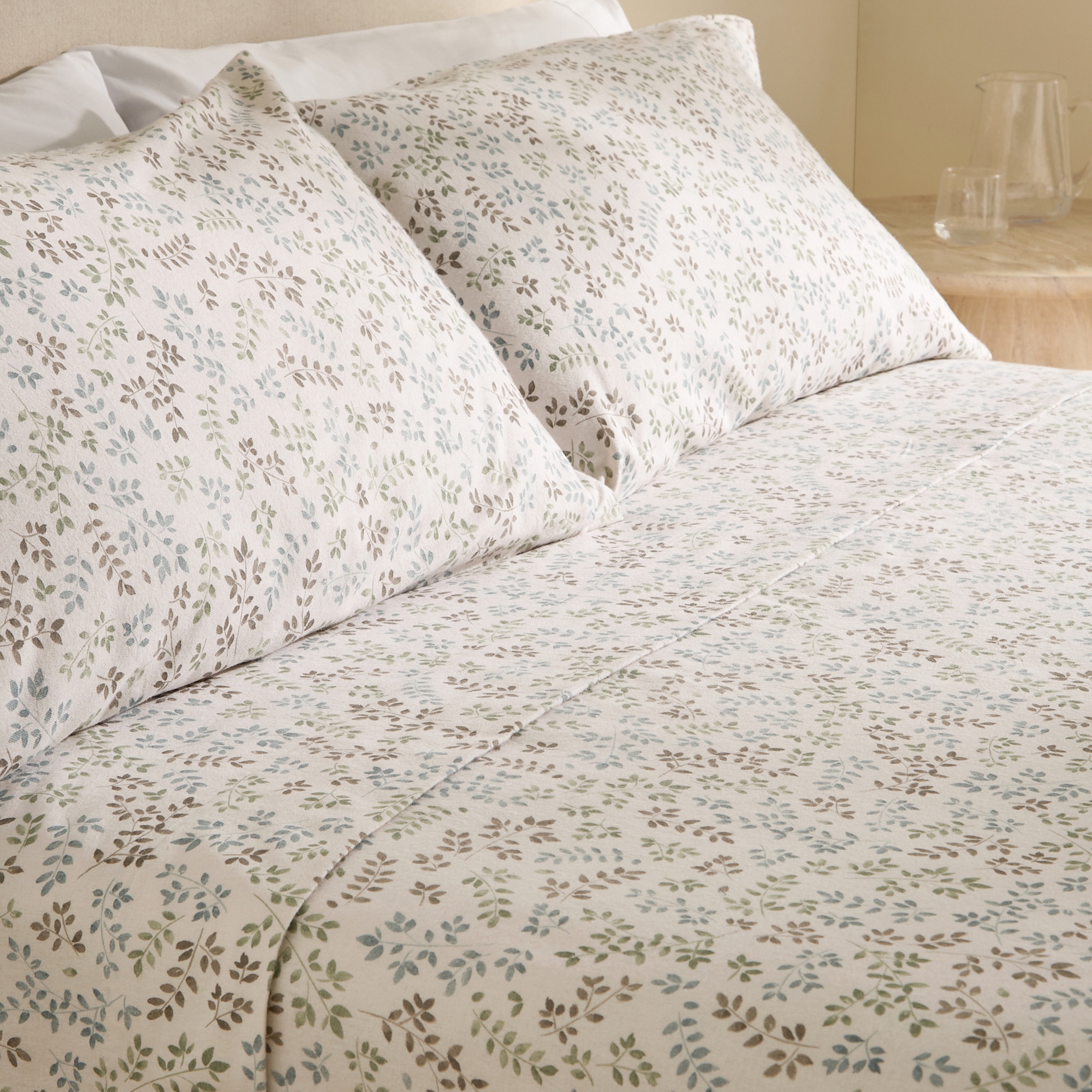 Juego de sábanas con bajera franela algodón Leafs Verde-1