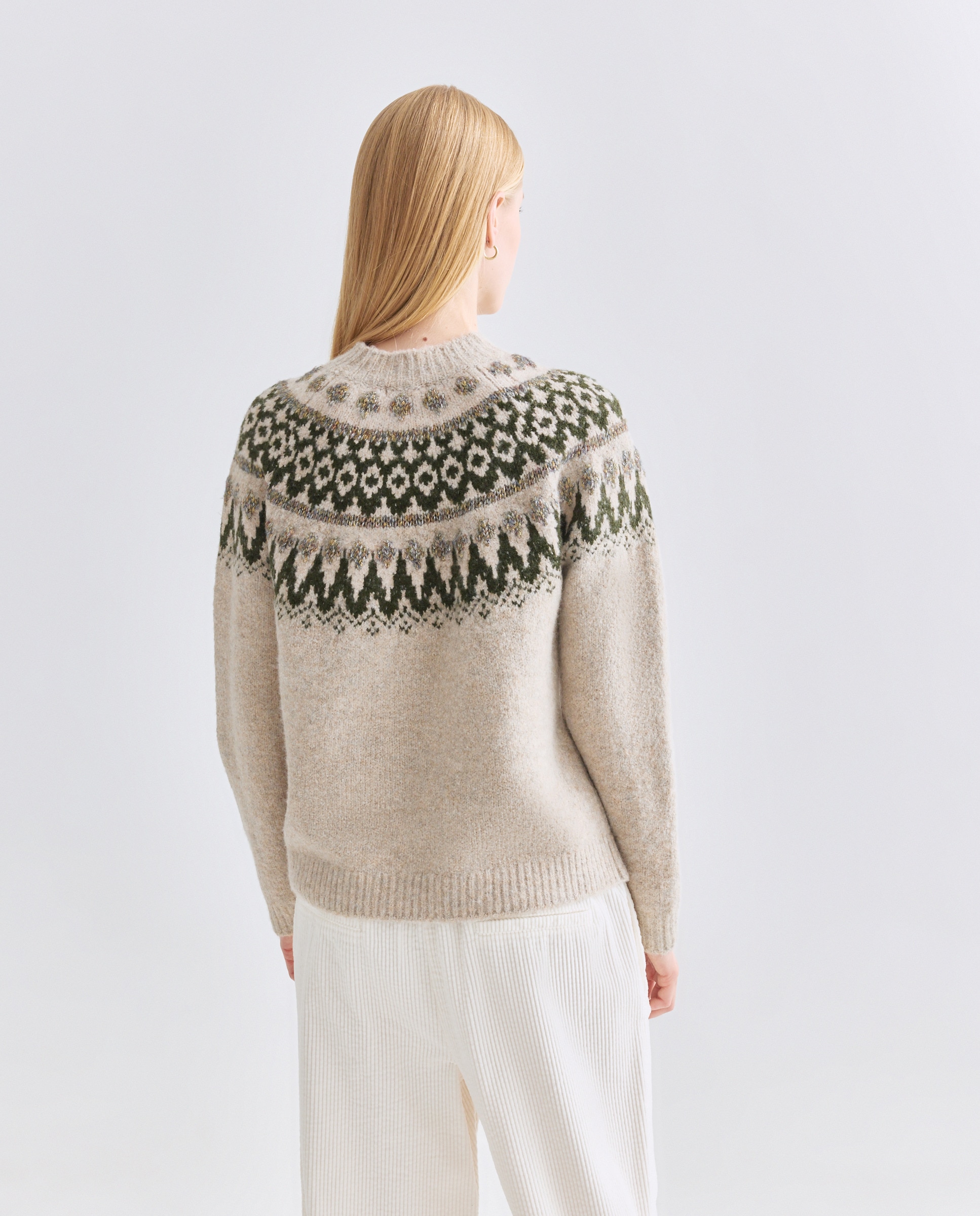 Jersey de mujer cuello perkins con greca hilo metálico Beige-3