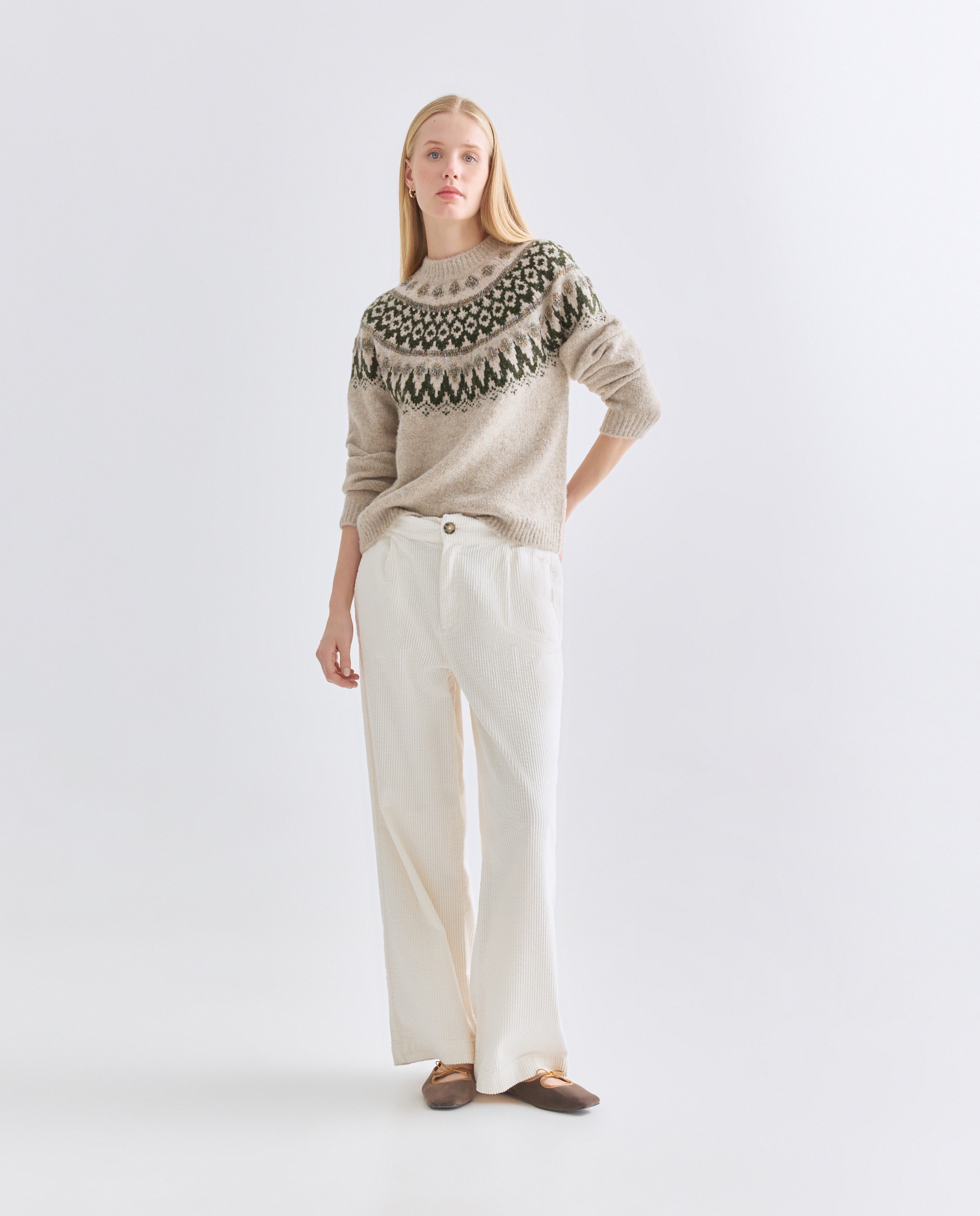 Jersey de mujer cuello perkins con greca hilo metálico Beige-2