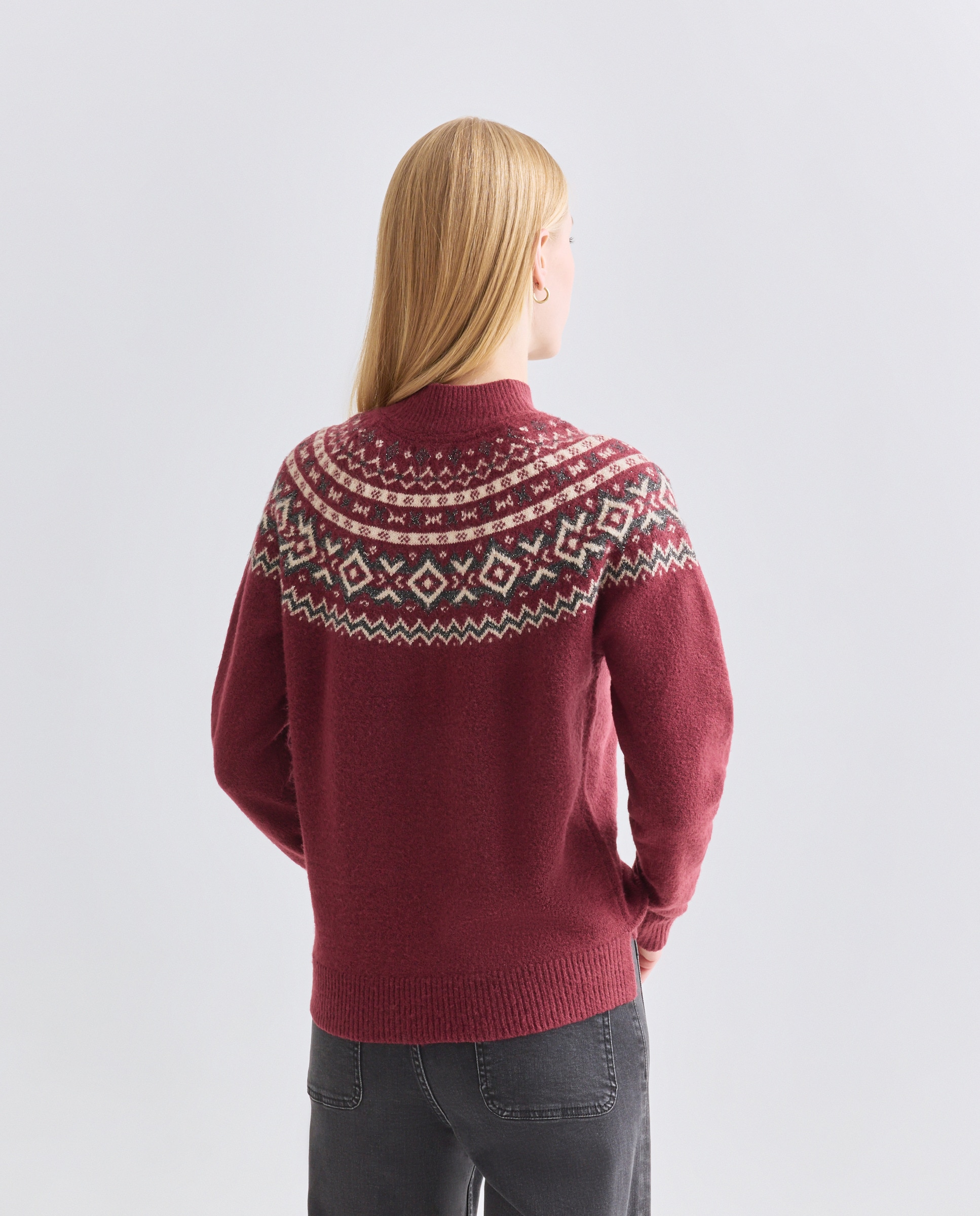 Jersey de mujer cuello perkins greca hilo metálico Burdeos-3