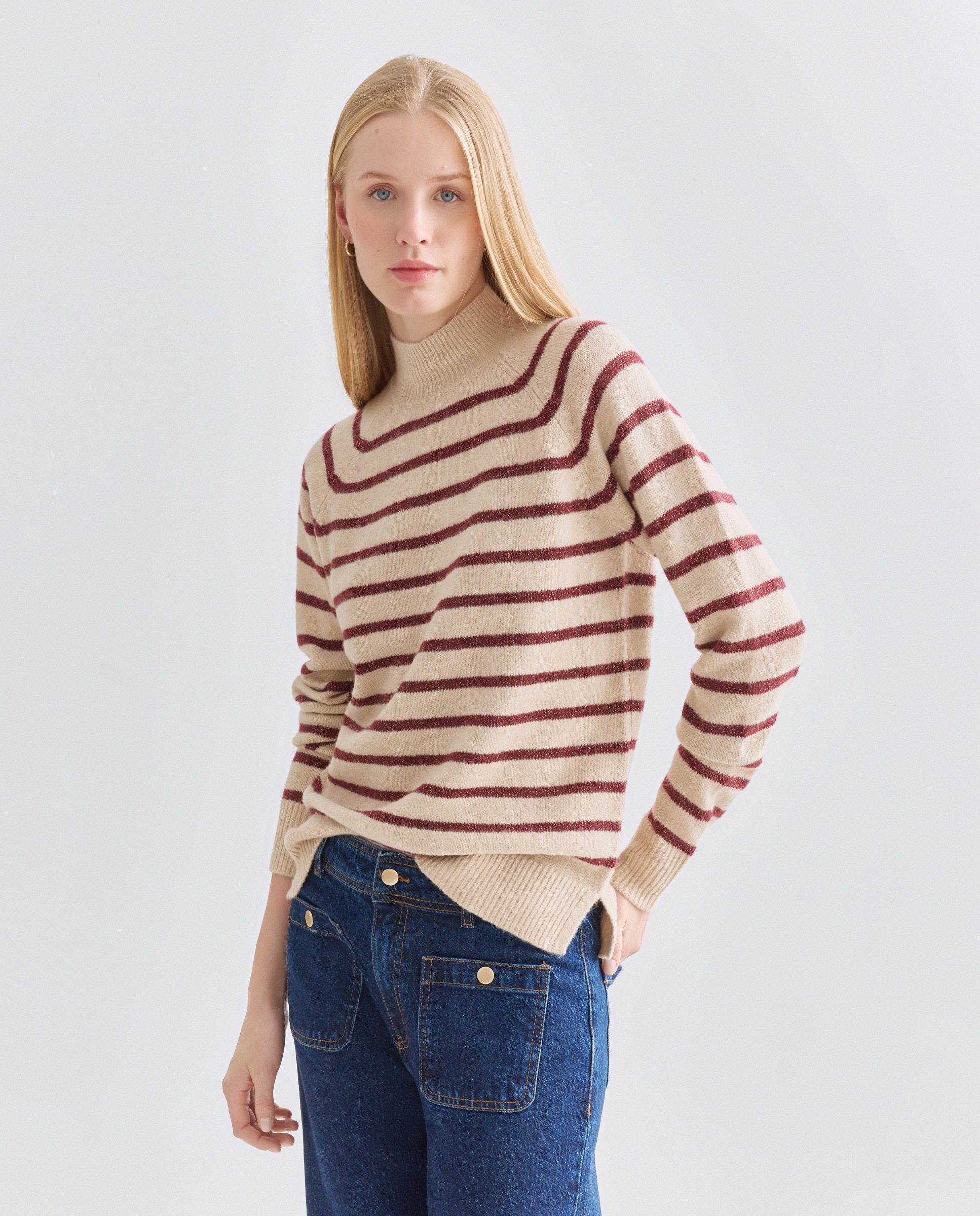 Jersey de mujer cuello perkins rayas hilo metálico Tostado-1