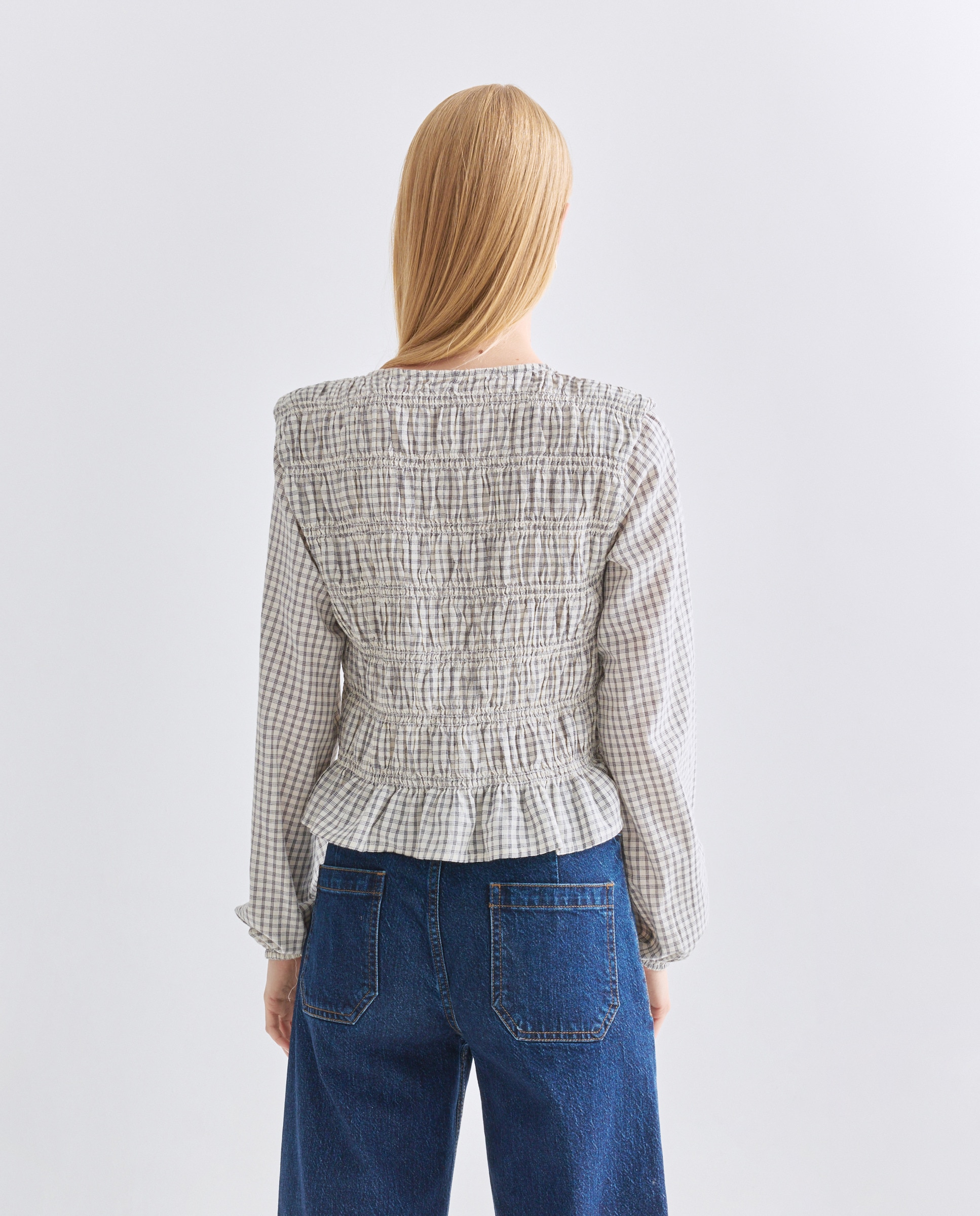 Blusa de mujer fruncida con hombreras de cuadros vichy Negro-3