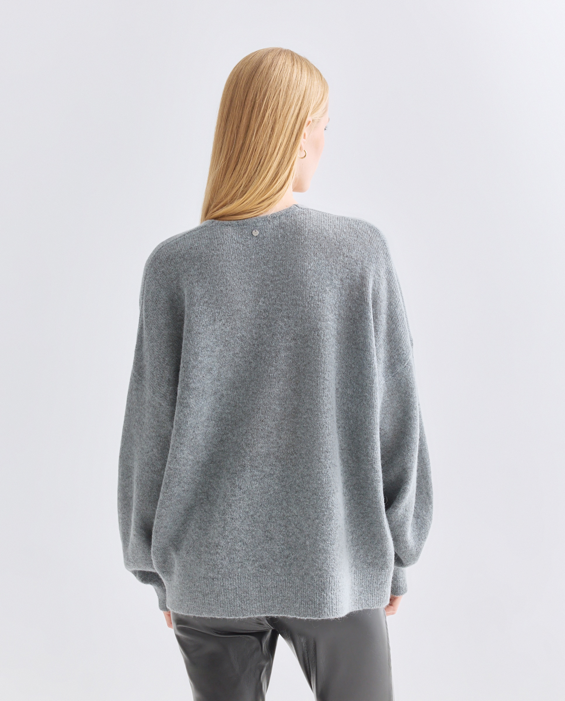 Camisola de Malha com Decote em Bico e Manga Comprida Cinzento-3