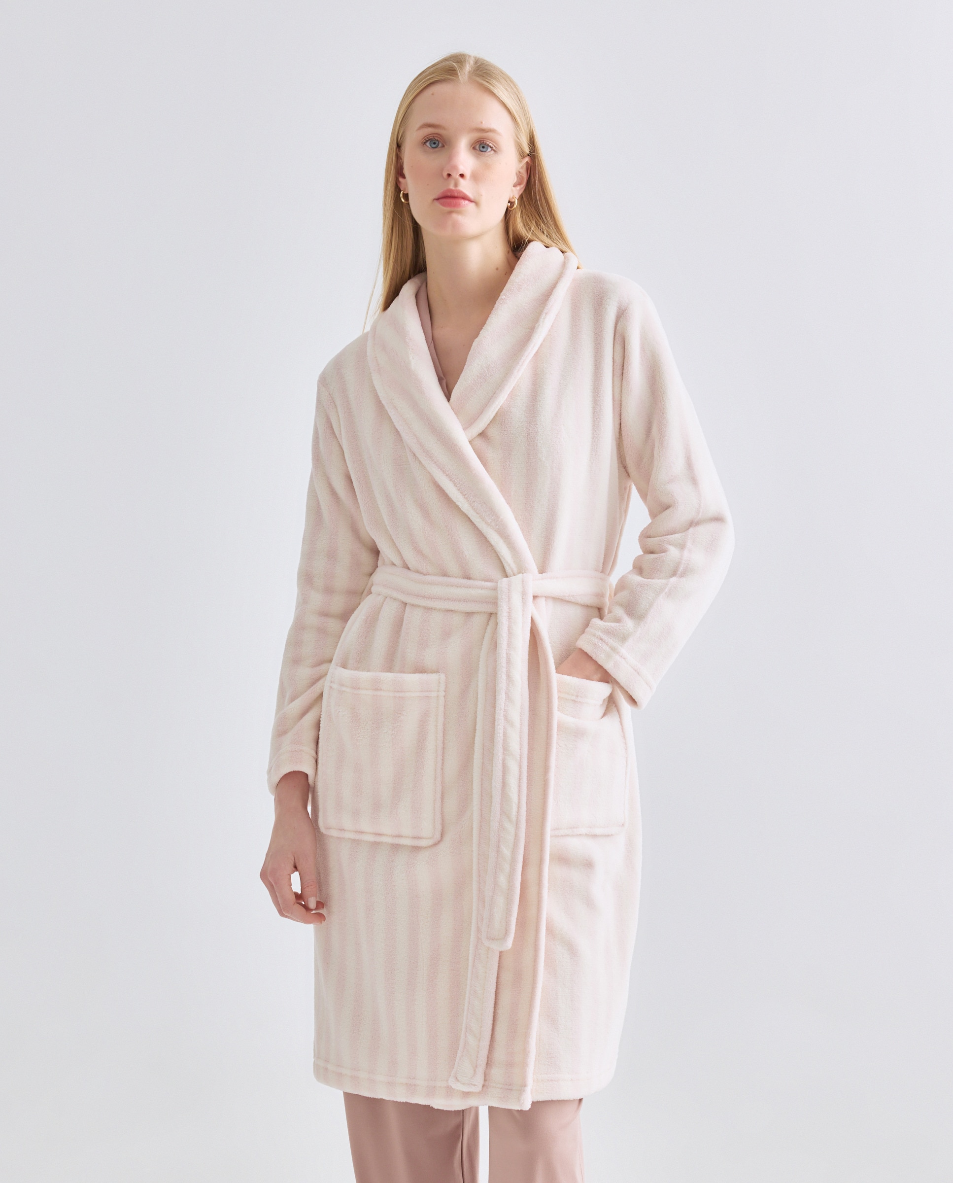 Bata Polar Mujer Rayas Rosa-1