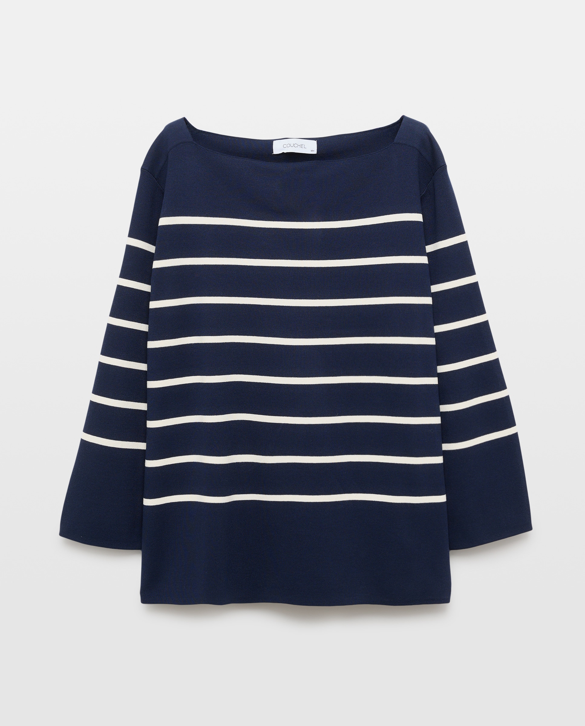 Camisola de malha às riscas com decote à barco Azul-4