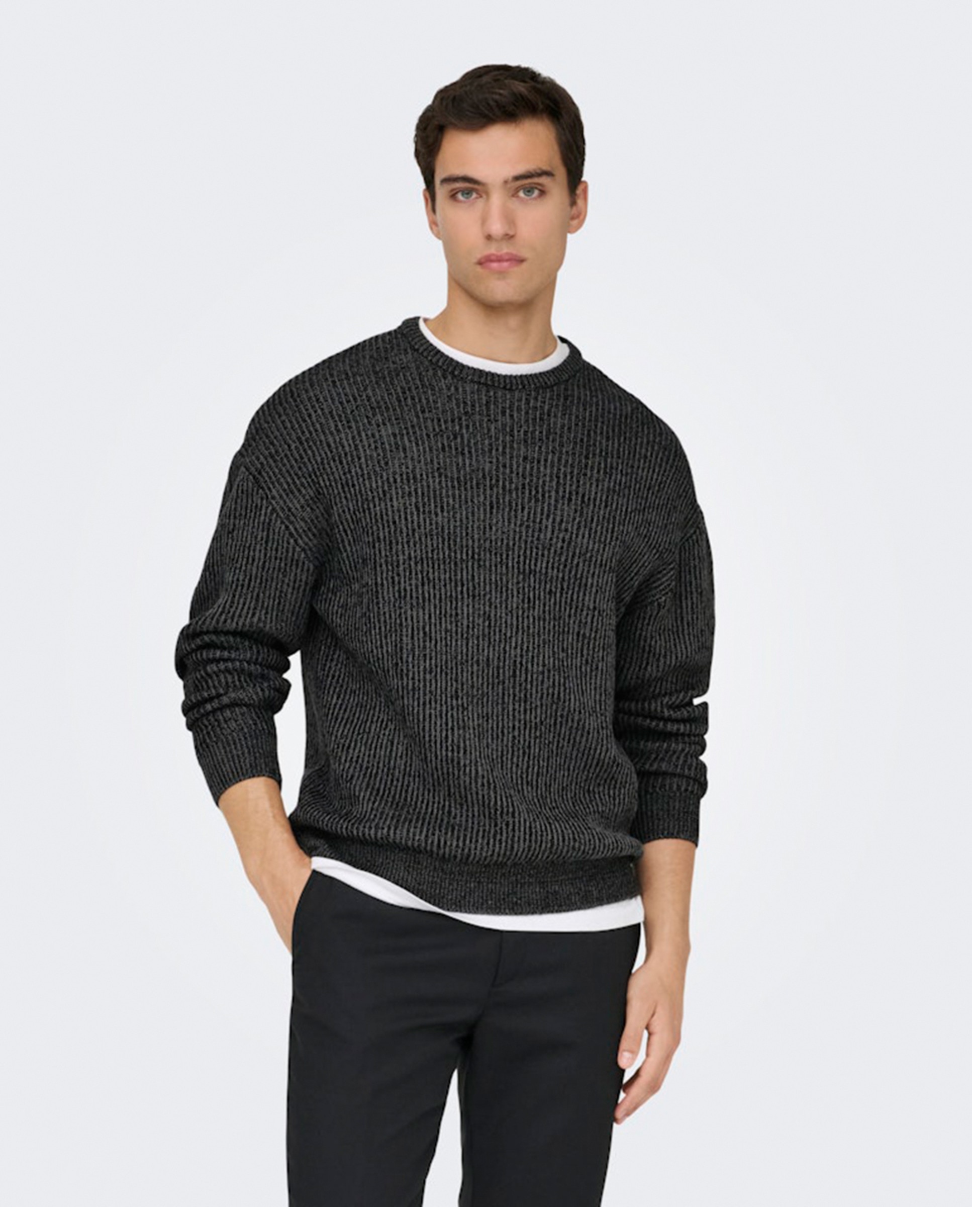 Camisola de Malha Relaxed Fit com Gola Redonda Preto-1