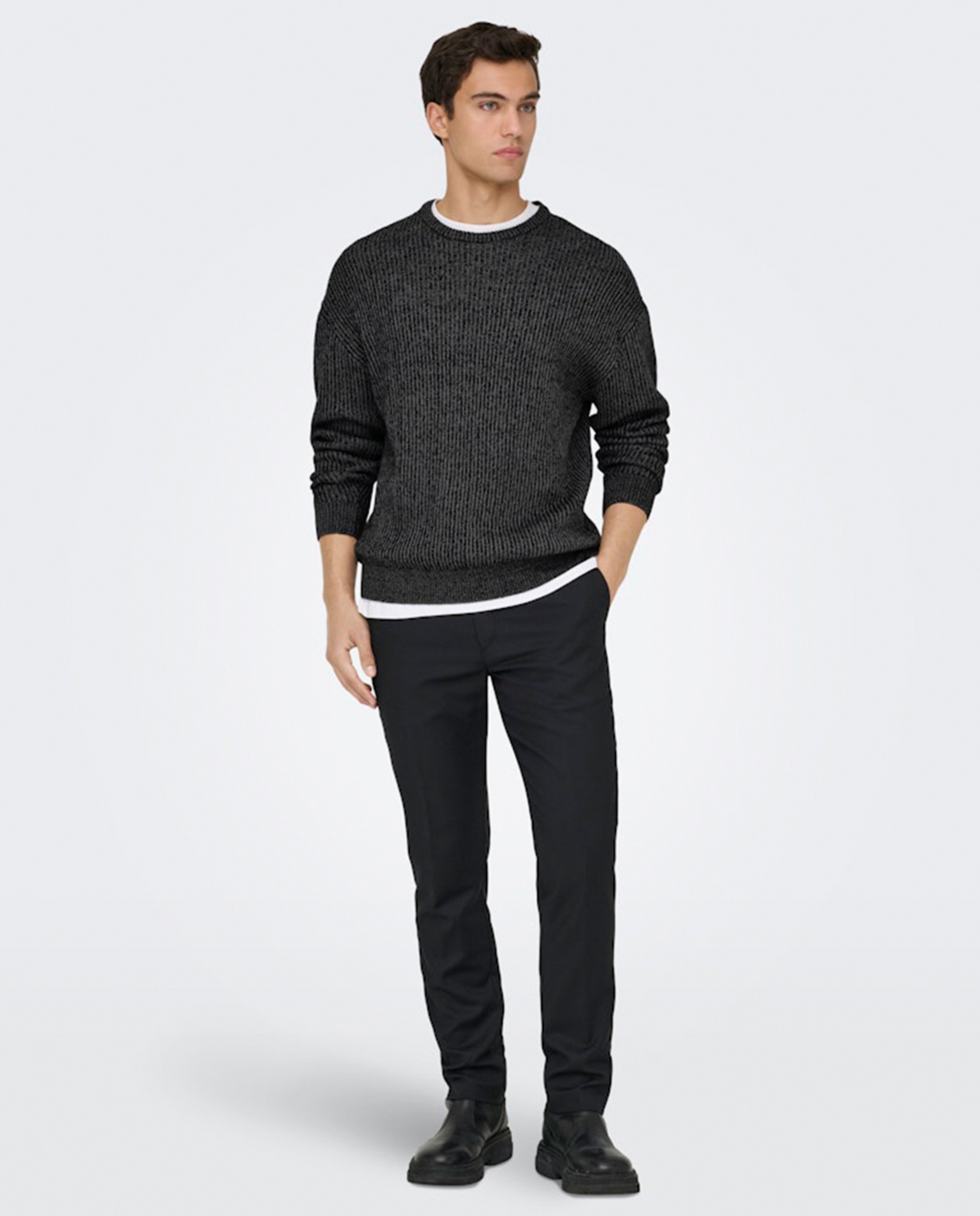 Camisola de Malha Relaxed Fit com Gola Redonda Preto-7
