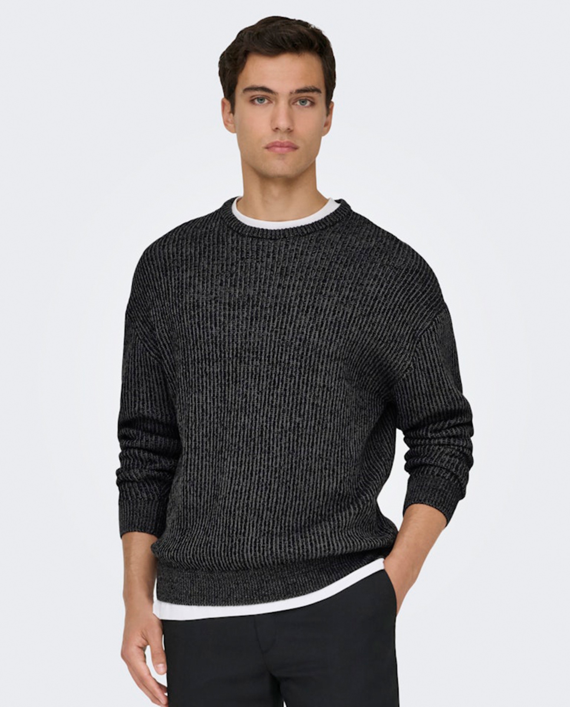 Camisola de Malha Relaxed Fit com Gola Redonda Preto-4