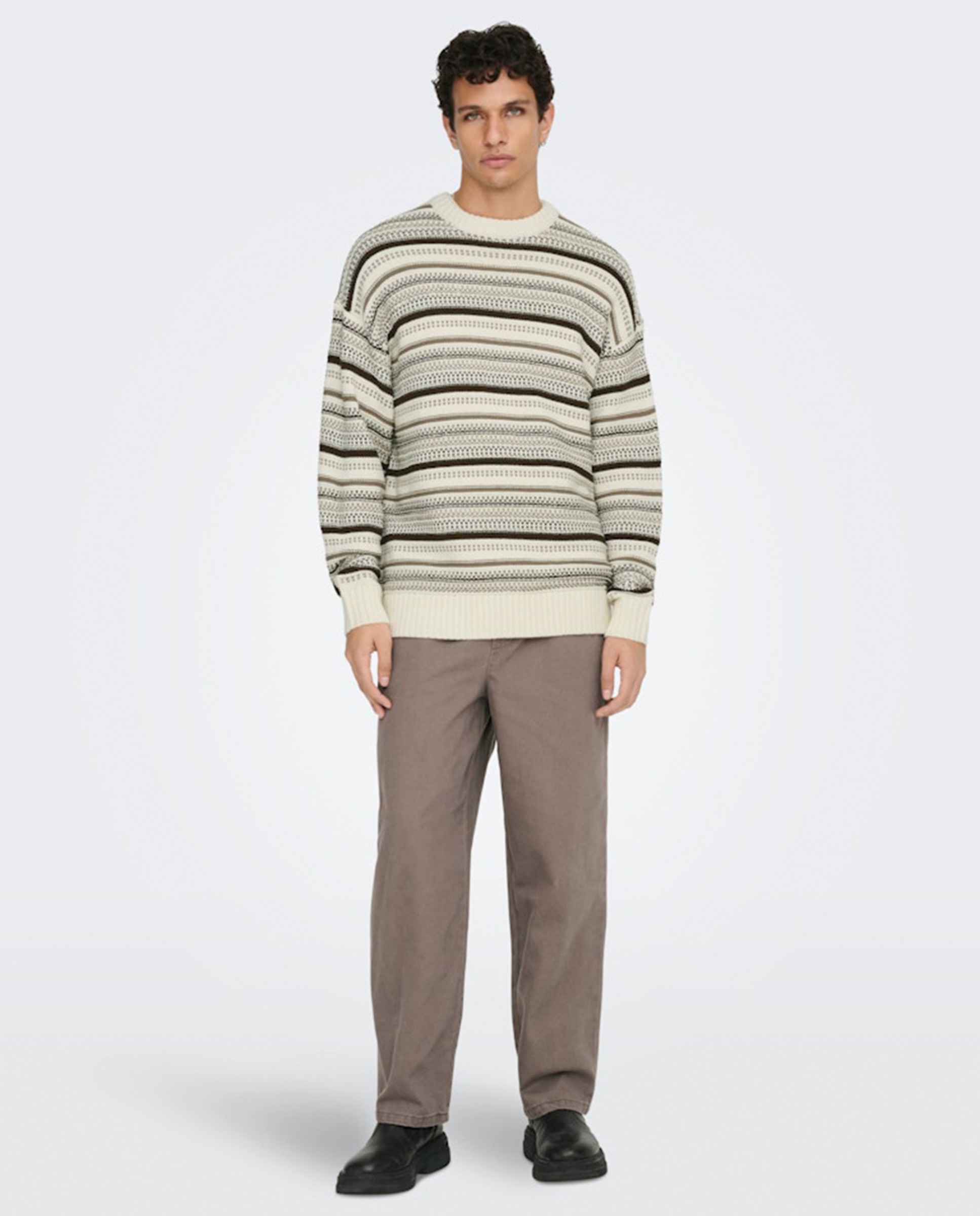 Camisola de Malha às Riscas Relaxed Fit Creme-7