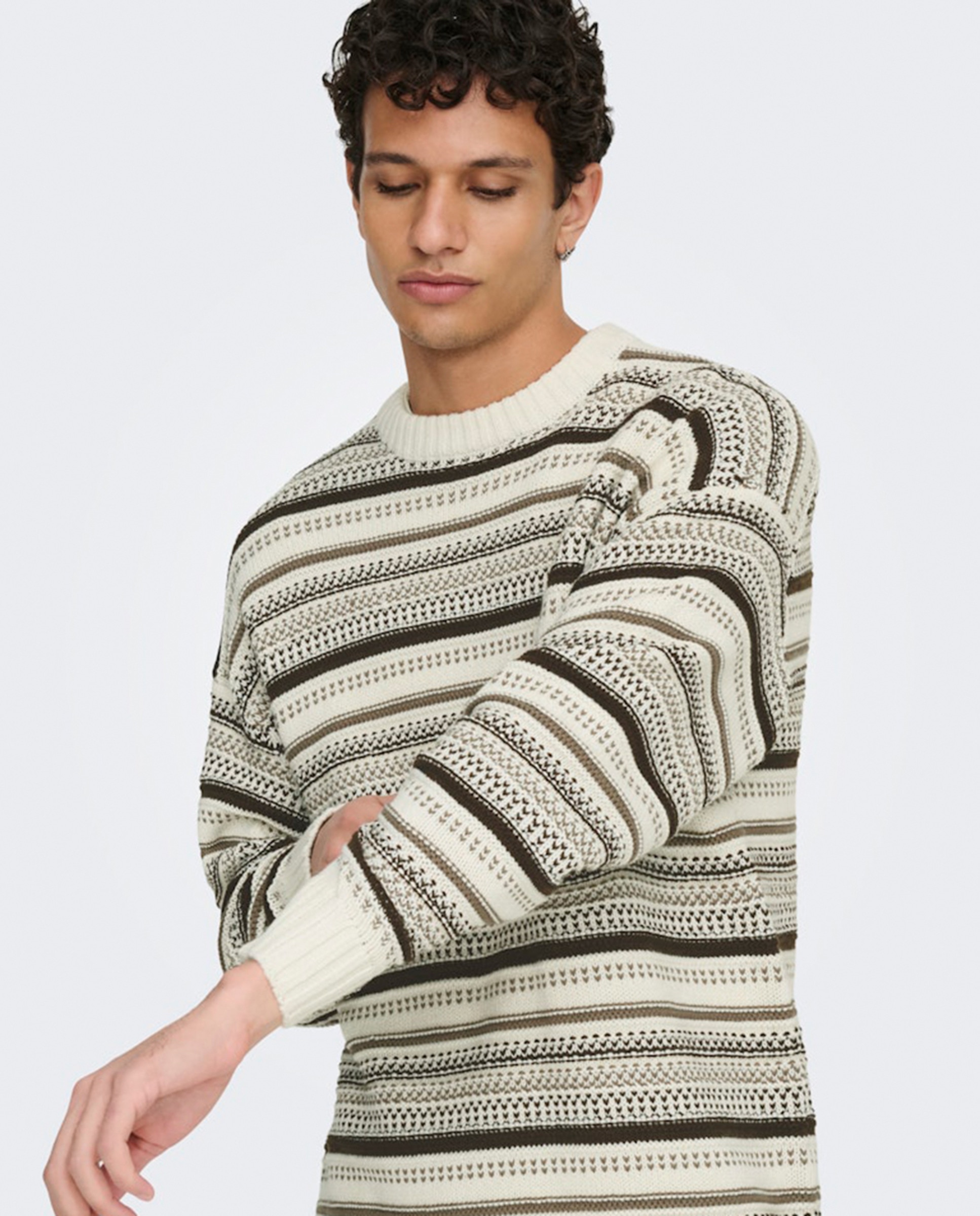 Camisola de Malha às Riscas Relaxed Fit Creme-4