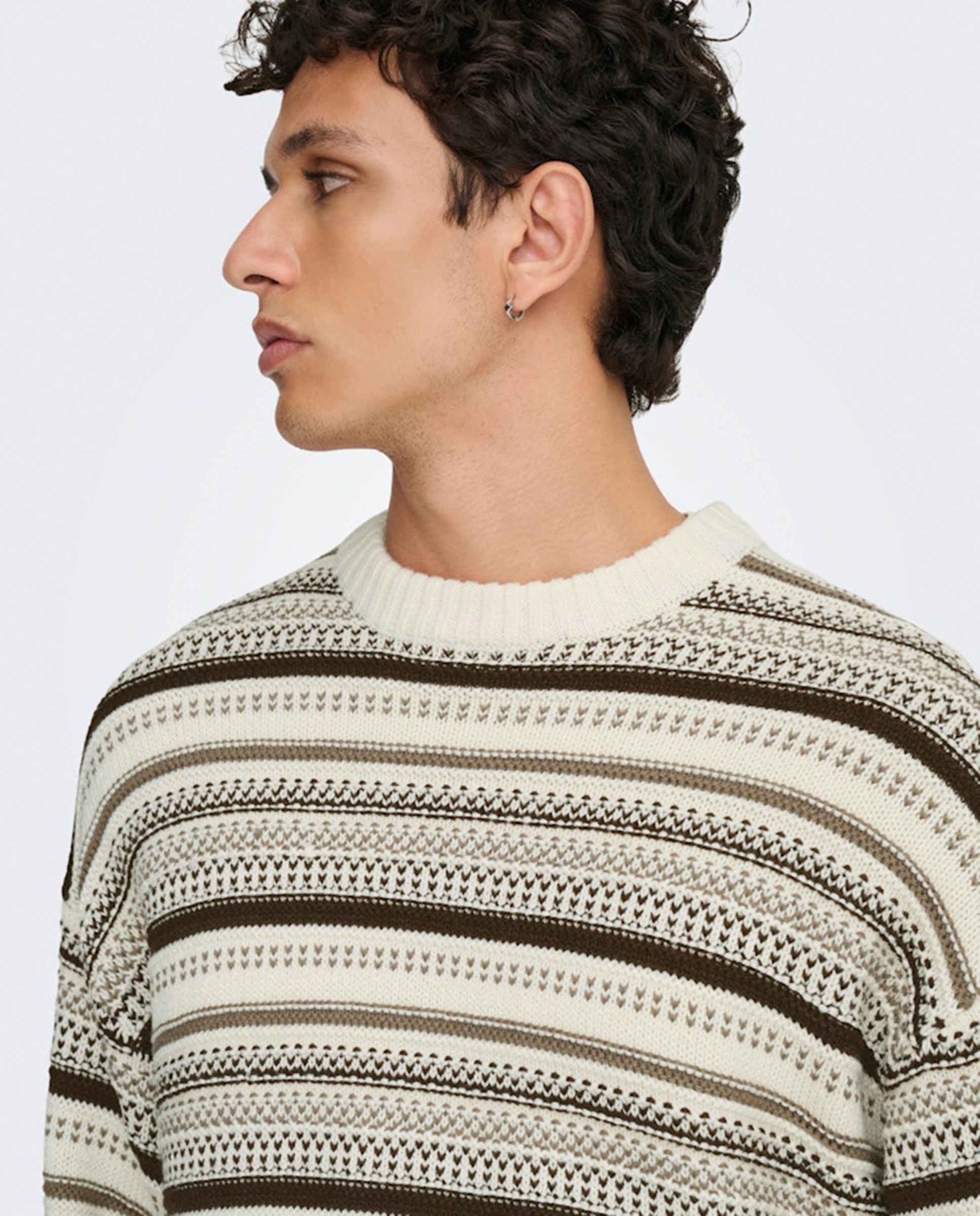 Camisola de Malha às Riscas Relaxed Fit Creme-3