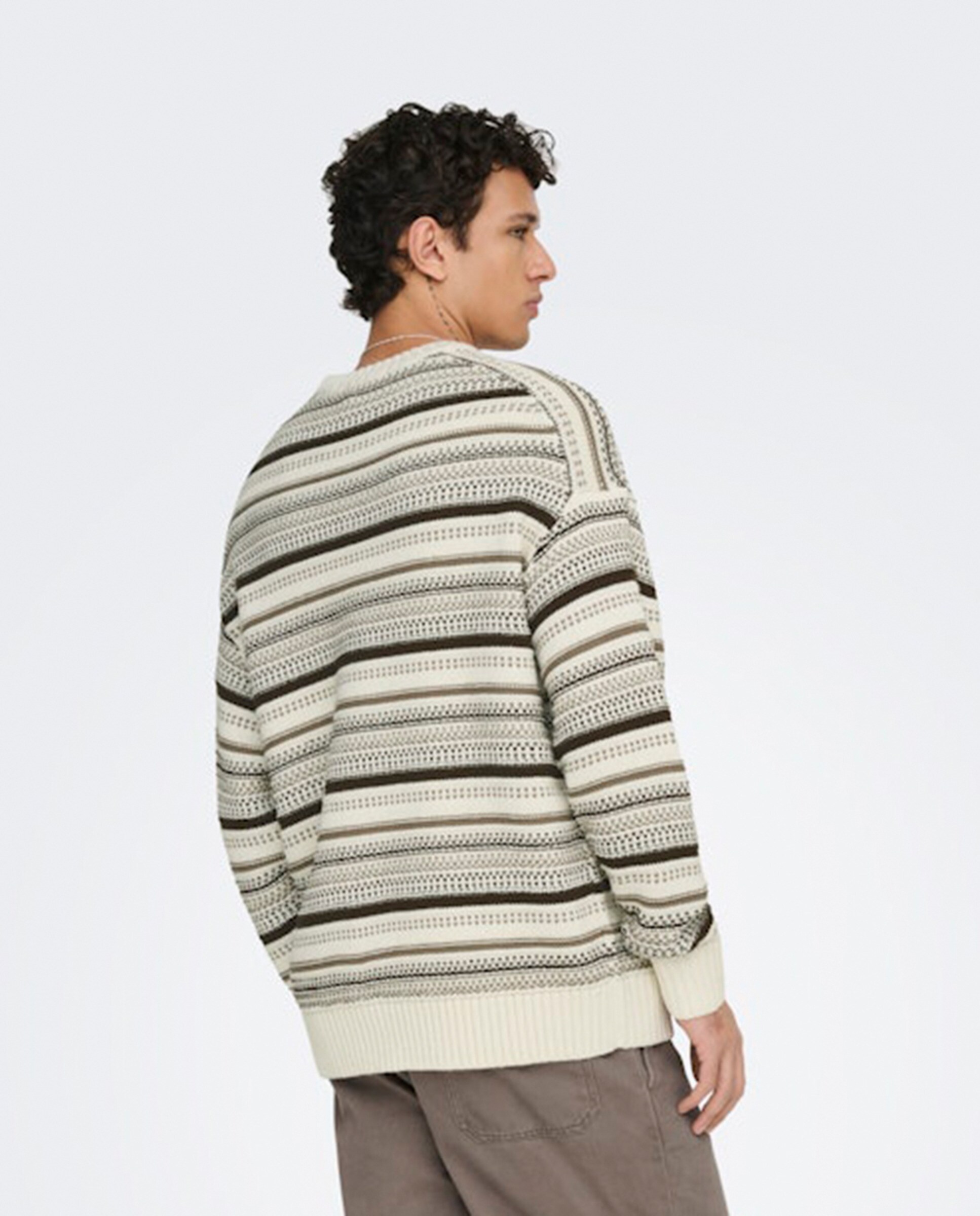 Camisola de Malha às Riscas Relaxed Fit Creme-2