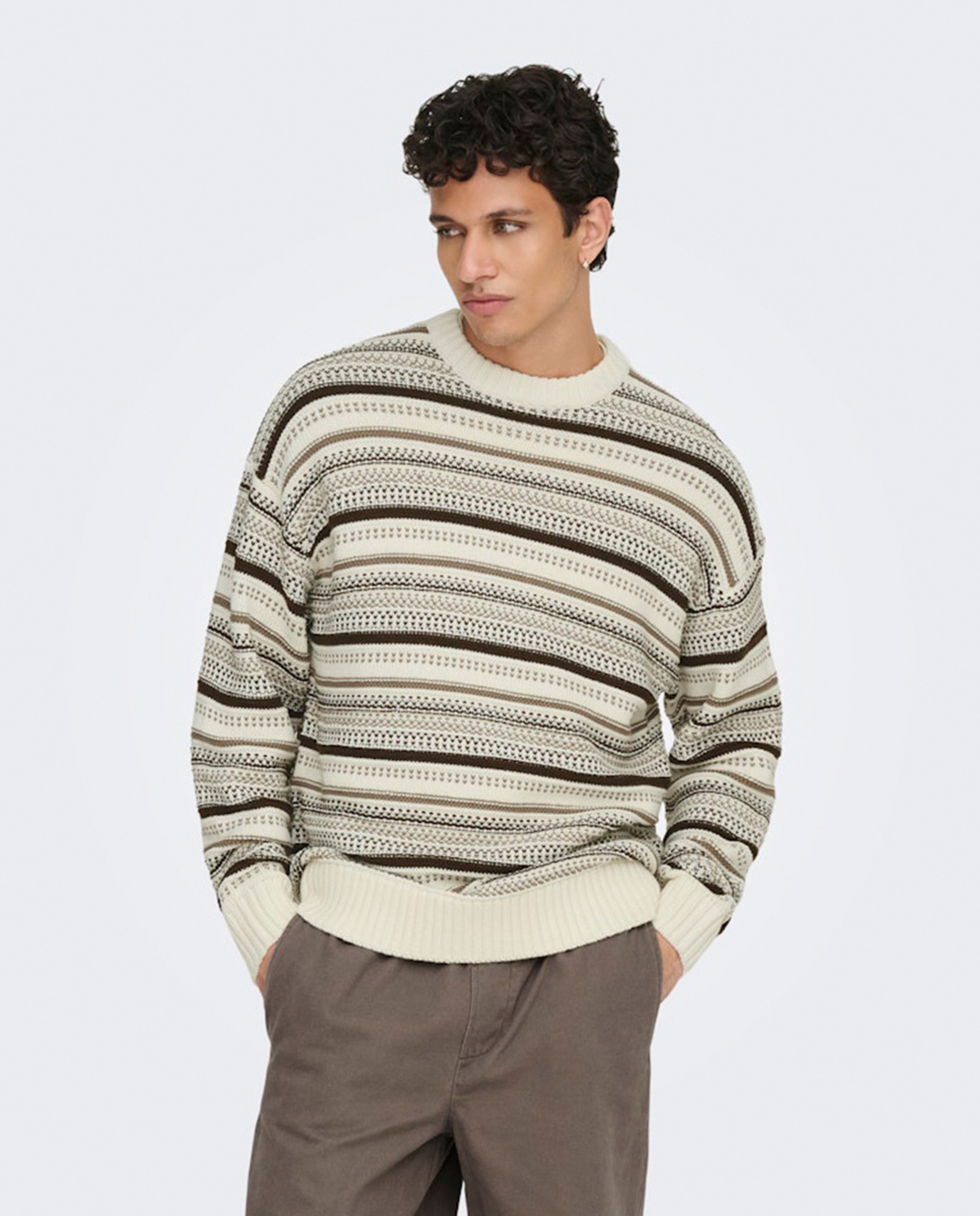 Camisola de Malha às Riscas Relaxed Fit Creme-1