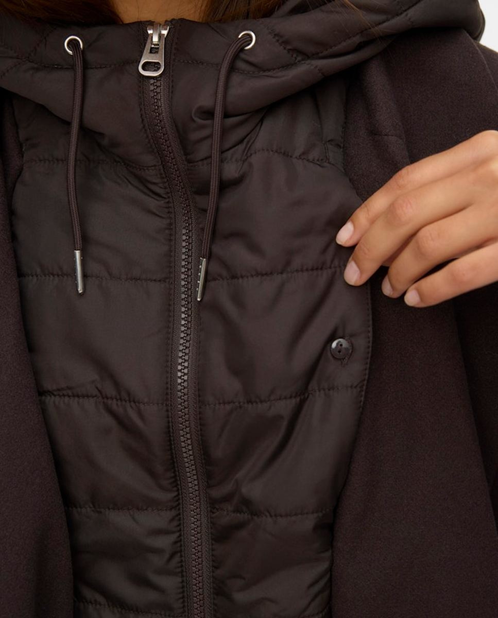 Sobretudo de Pano Combinado com Capuz Preto-3