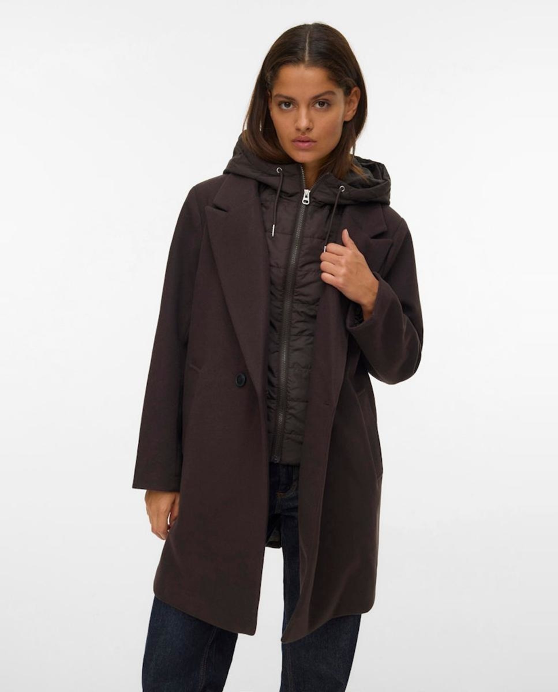 Sobretudo de Pano Combinado com Capuz Castanho-escuro-2