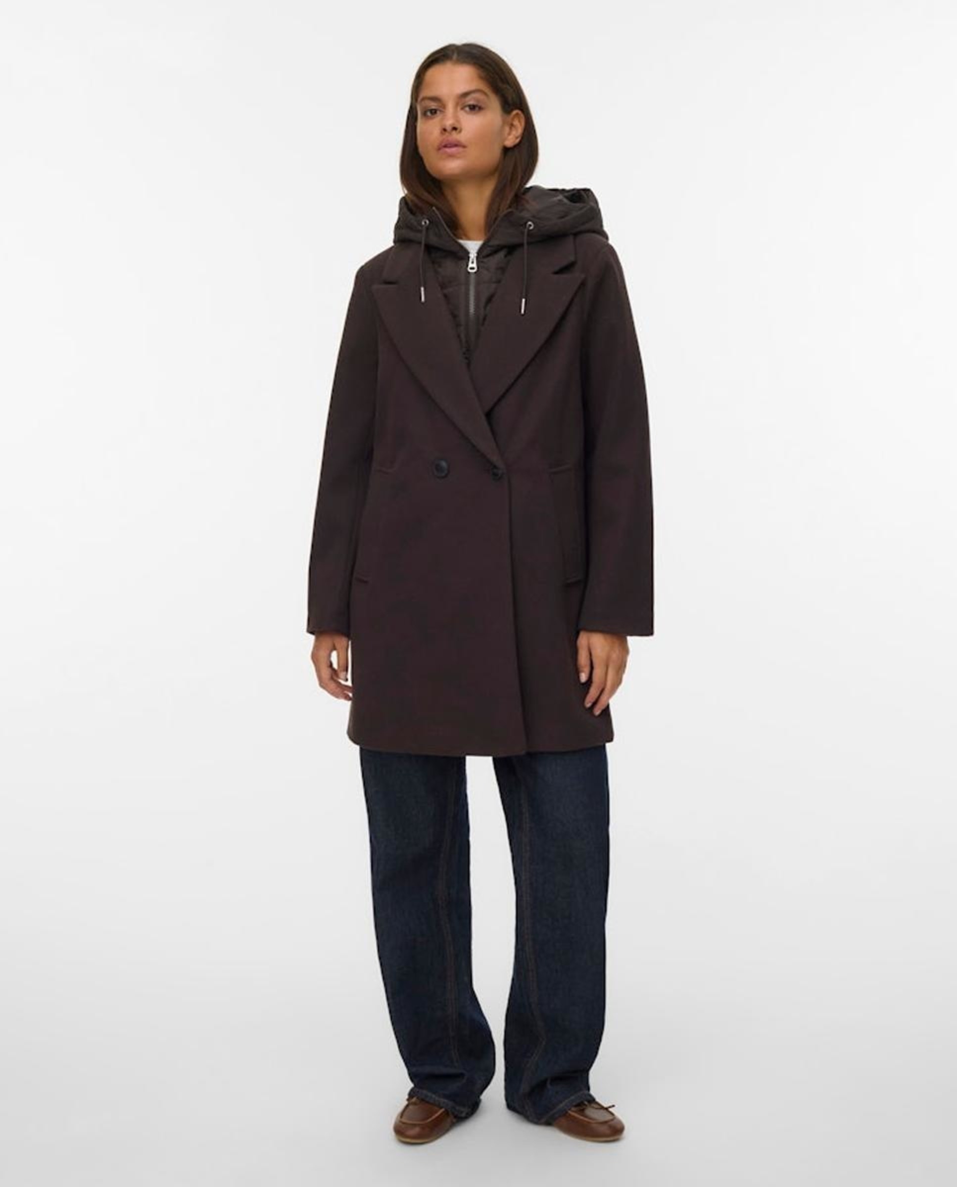 Sobretudo de Pano Combinado com Capuz Castanho-escuro-1