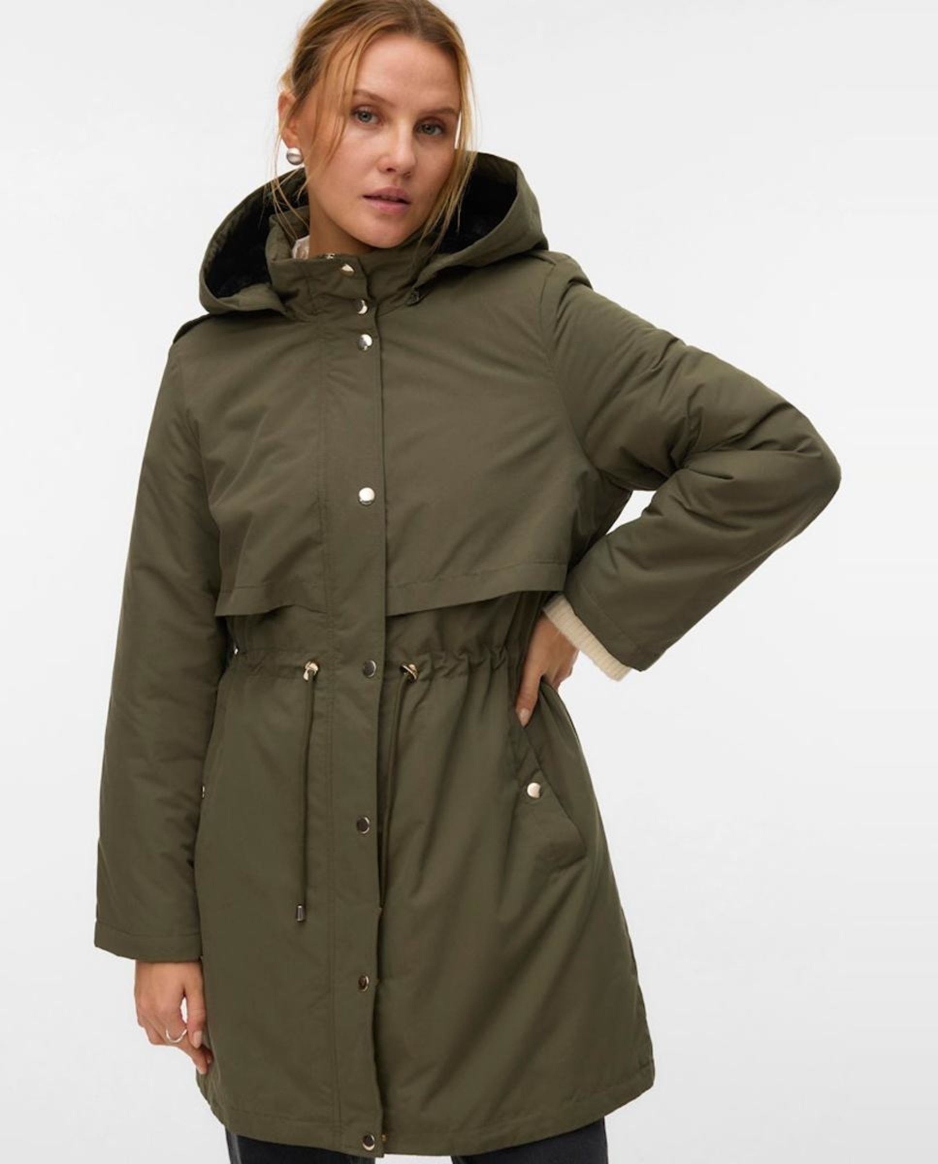 Parka Midi com Capuz Desmontável Musgo-4