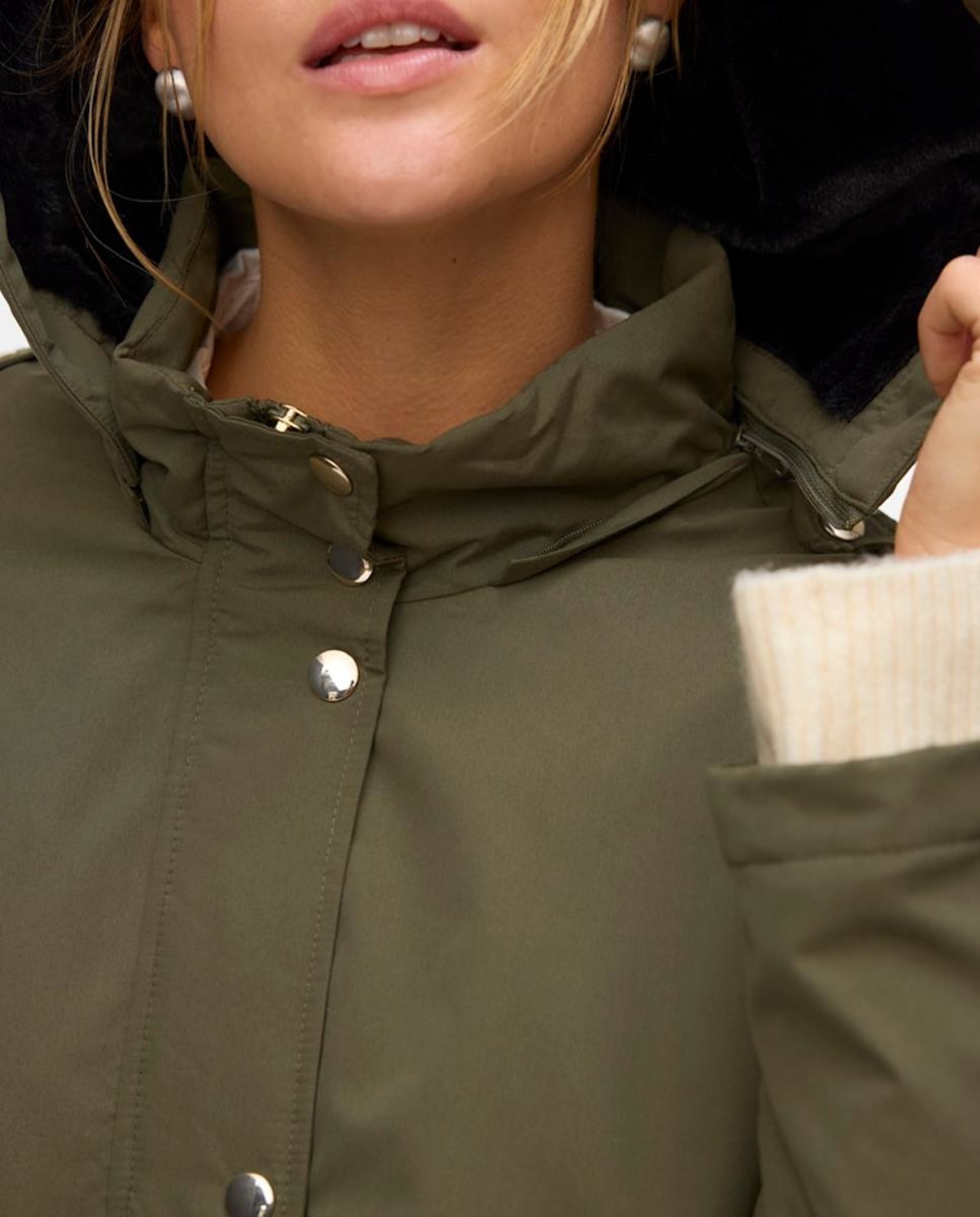 Parka Midi com Capuz Desmontável Musgo-2