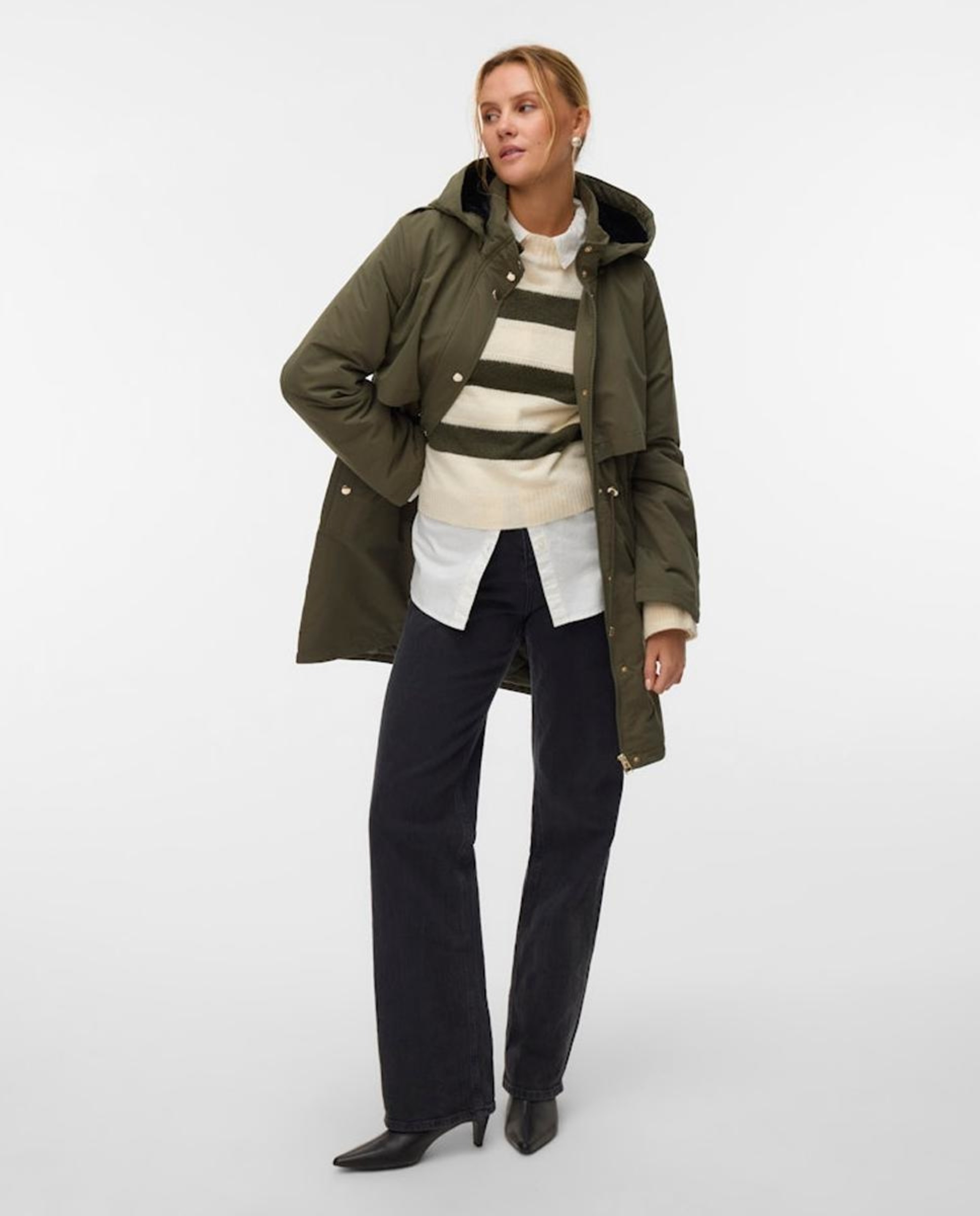 Parka Midi com Capuz Desmontável Musgo-1